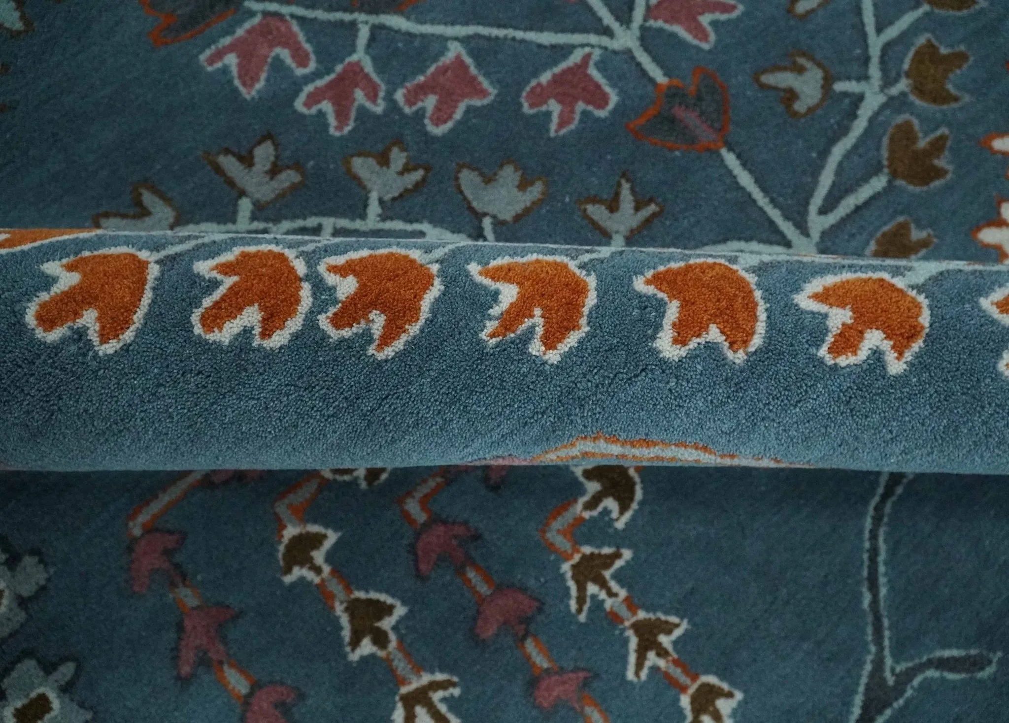 Tree of life Hand Tufted Teal Blue, Brown and Red Traditional Floral Custom Made Wool Area Rug, Kids, Living Room and Bedroom Rug