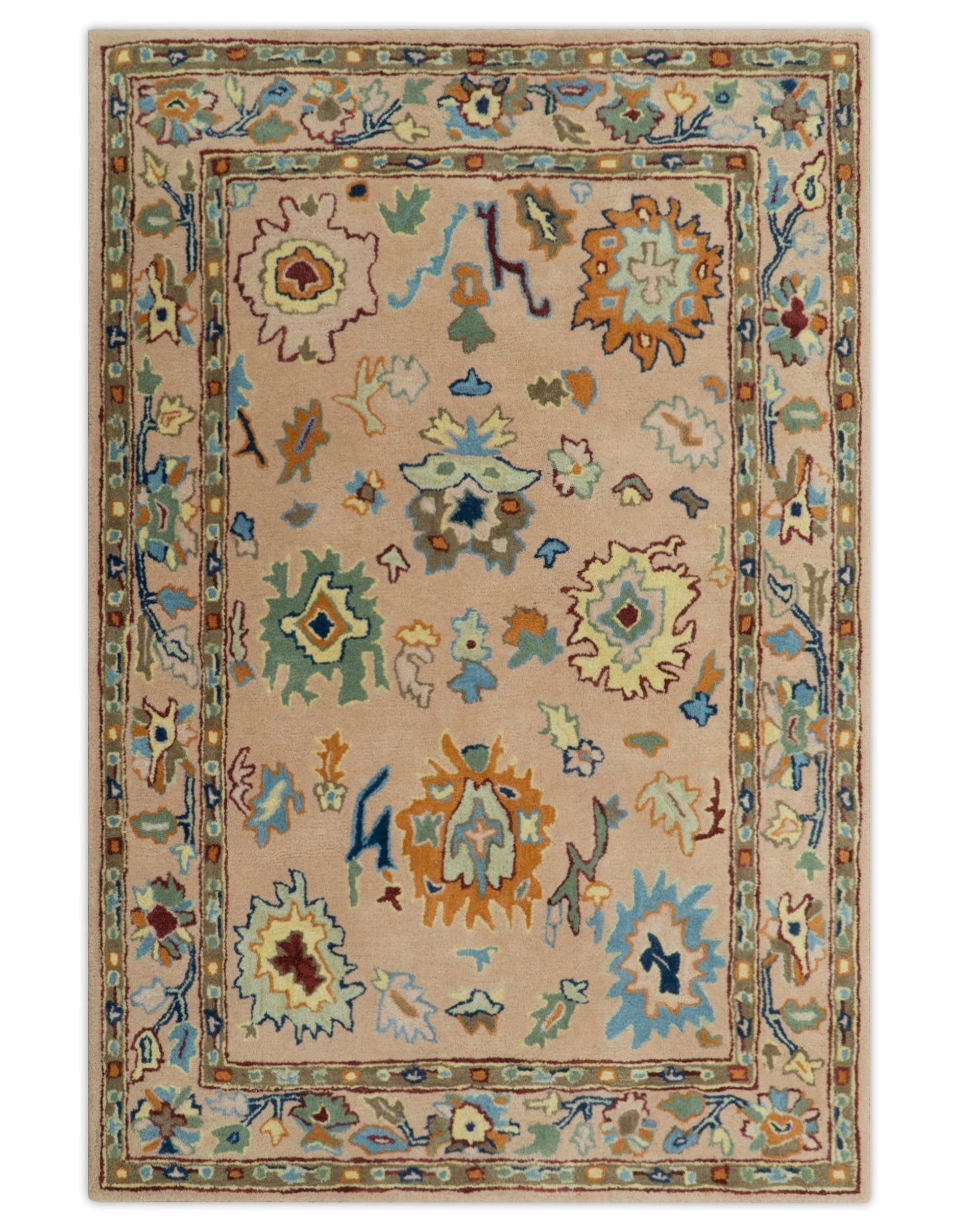Hand Tufted Pink Peach and Gold Modern Colorful Oushak Rug