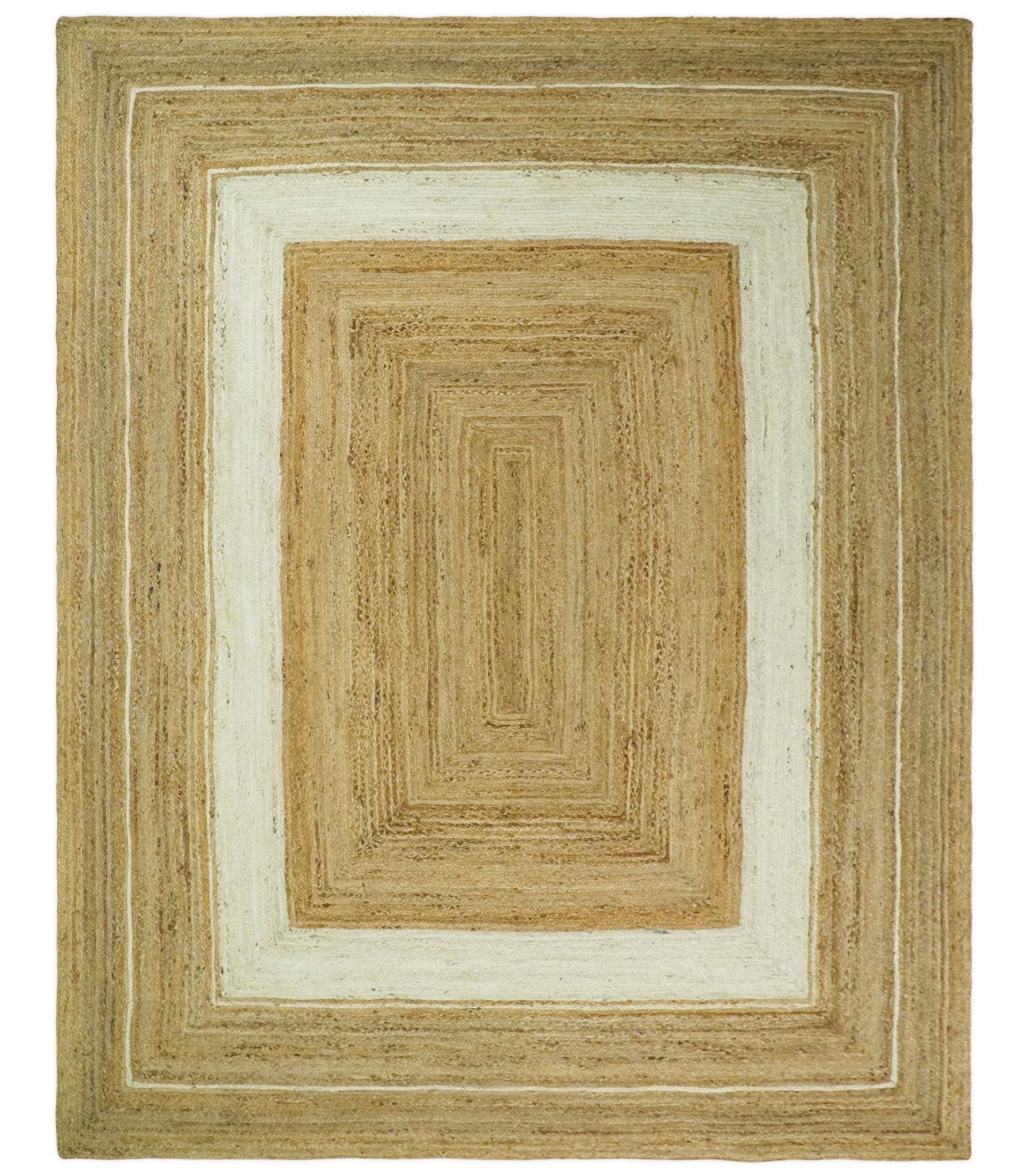Hand Woven Natural Fiber White and Brown Natural Jute Rug