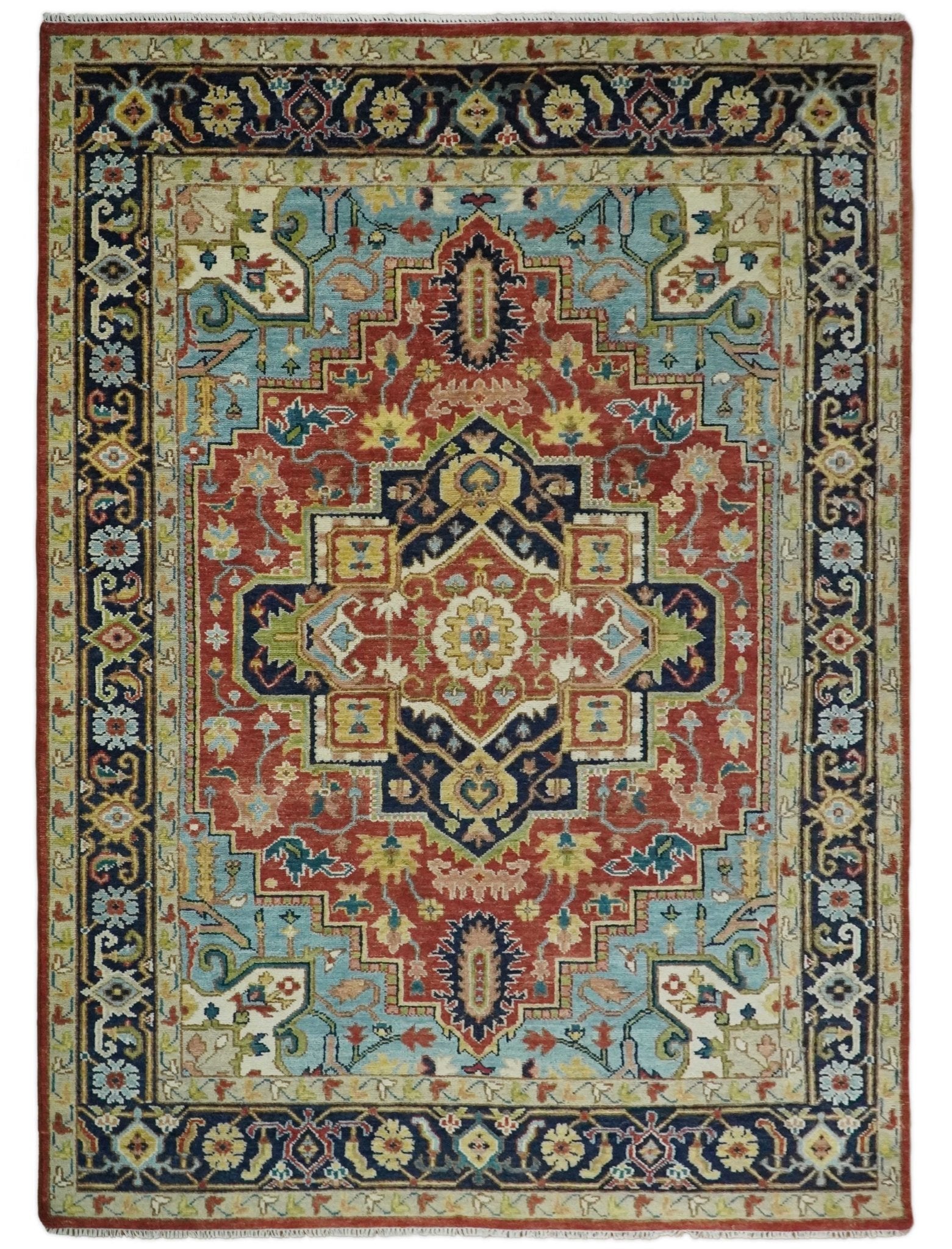 Handmade Rust and Blue Traditional Vintage Heriz Serapi Rug | TRDCP114 - The Rug Decor
