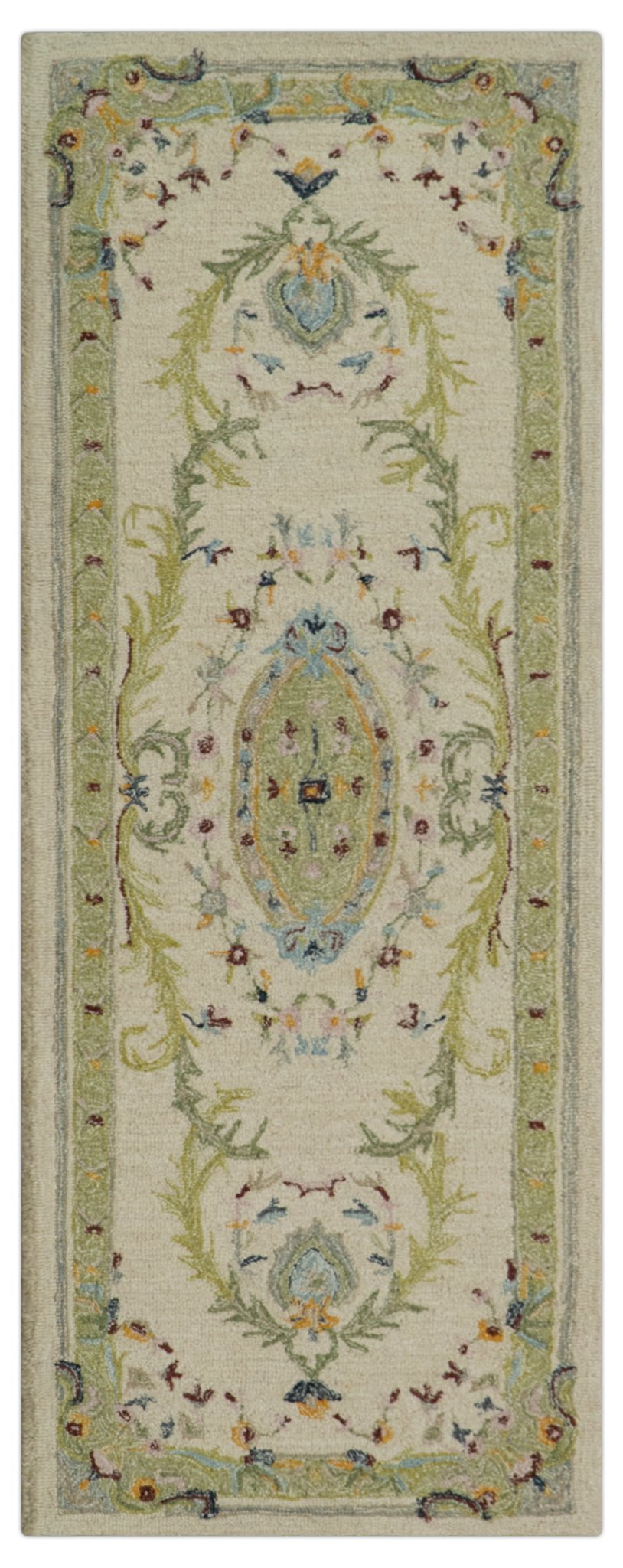 Ivory and Green Custom Made French Design Aubusson Hand Tufted Wool Area Rug - The Rug Decor