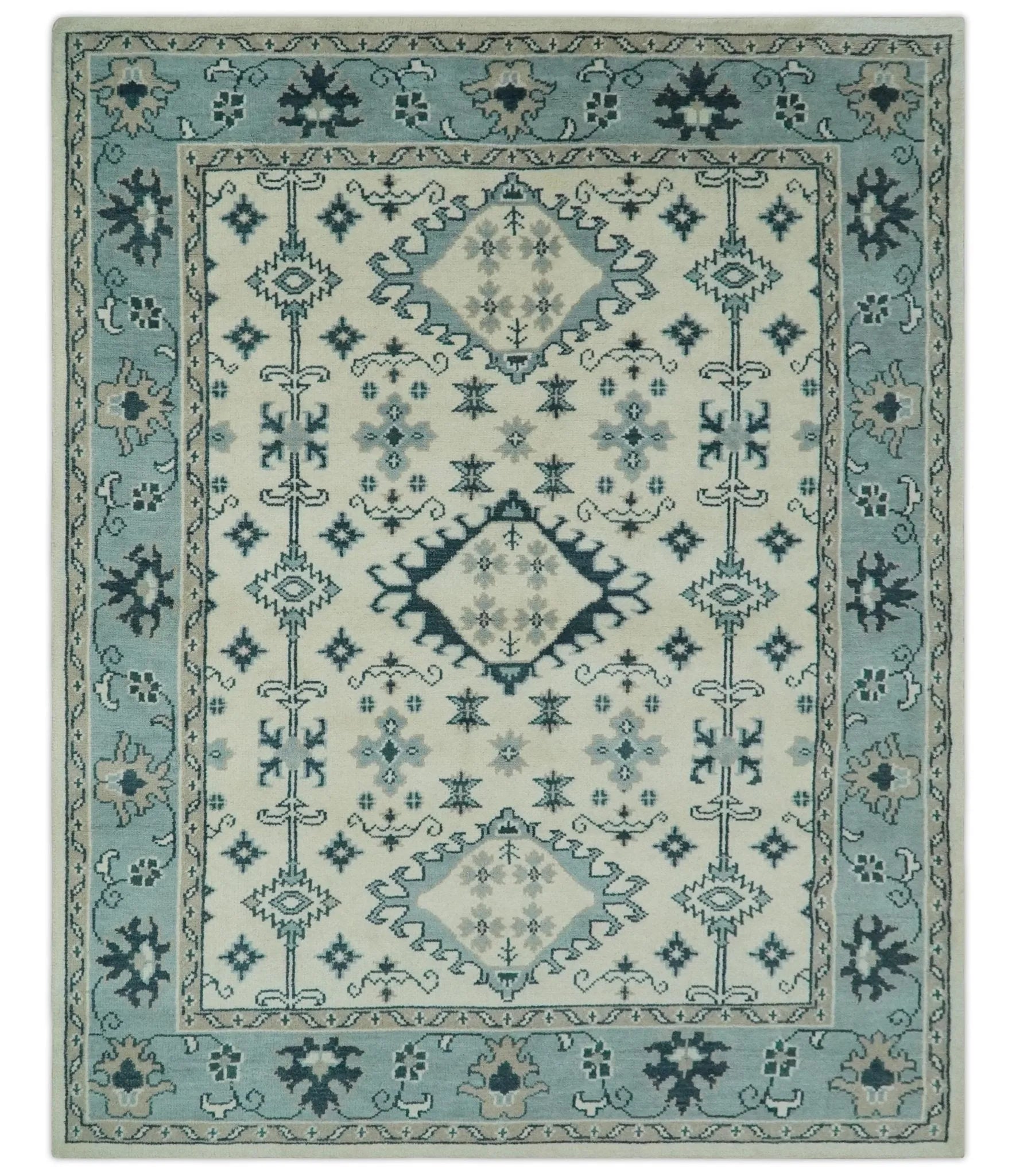 Ivory and Light Blue Traditional Oriental Hand Knotted Custom Made wool area Rug