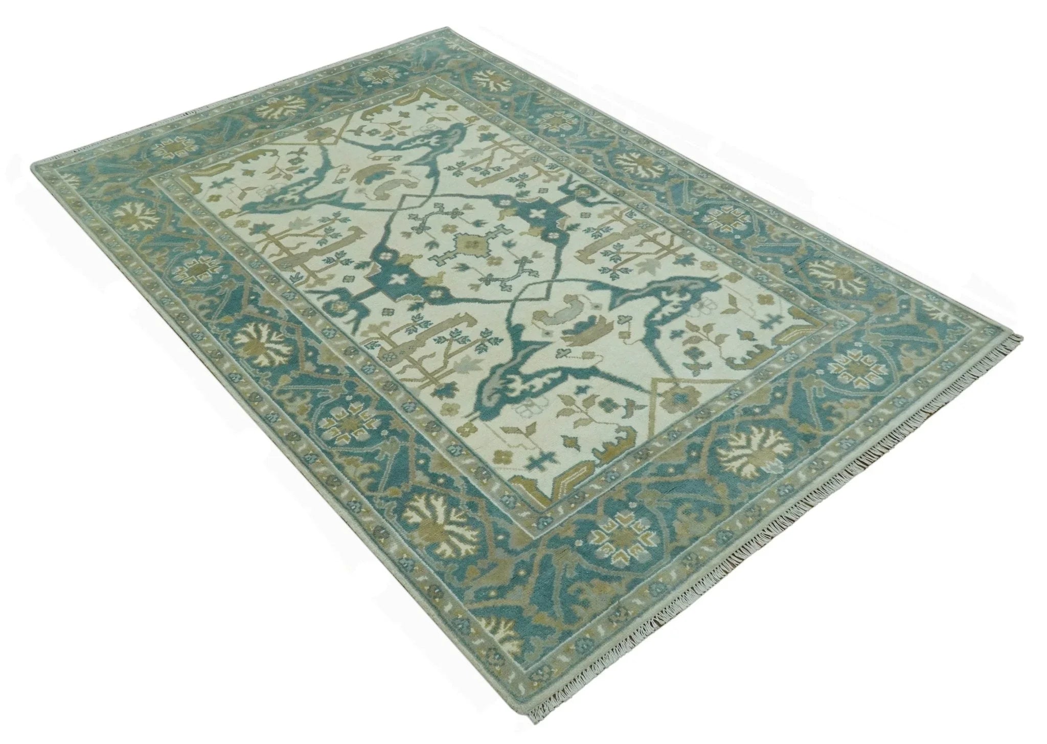 Ivory and Teal Hand Knotted Traditional Oriental Oushak Multi size wool area rug - The Mayfair Hall