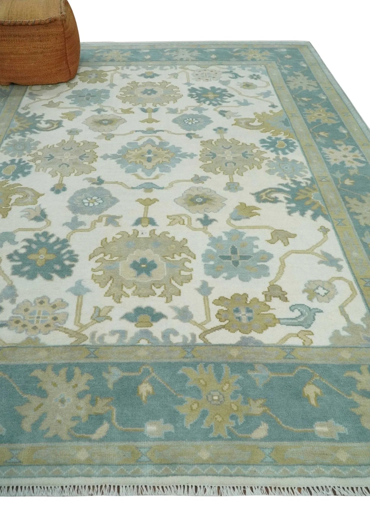 Ivory, Blue and Beige Floral Oushak Hand Knotted Traditional Turkish Inspired Custom Made Wool Area Rug