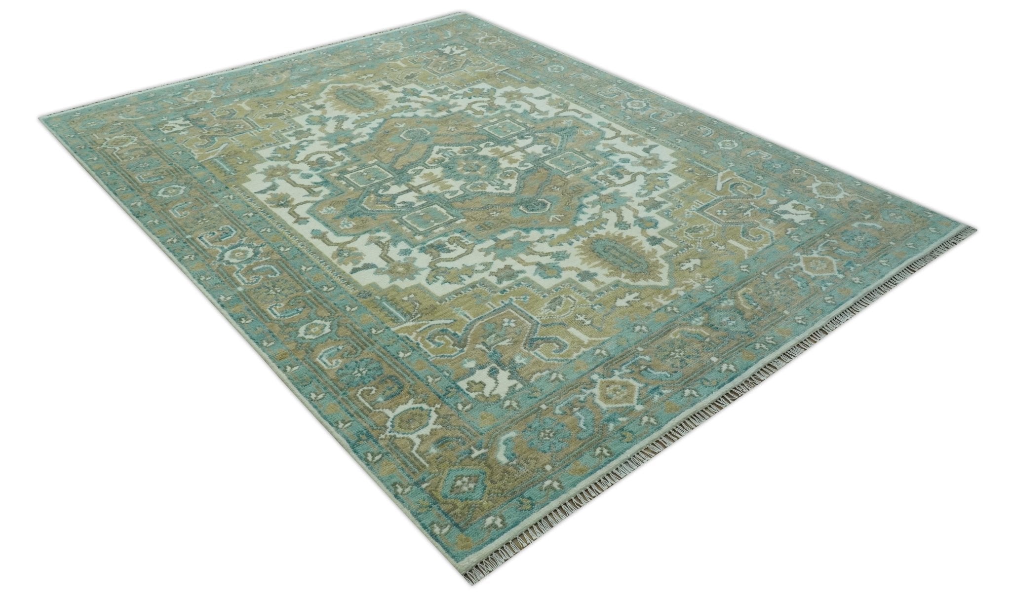 Ivory, Olive and Teal Hand Knotted Traditional Heriz Custom Made wool area rug - The Rug Decor