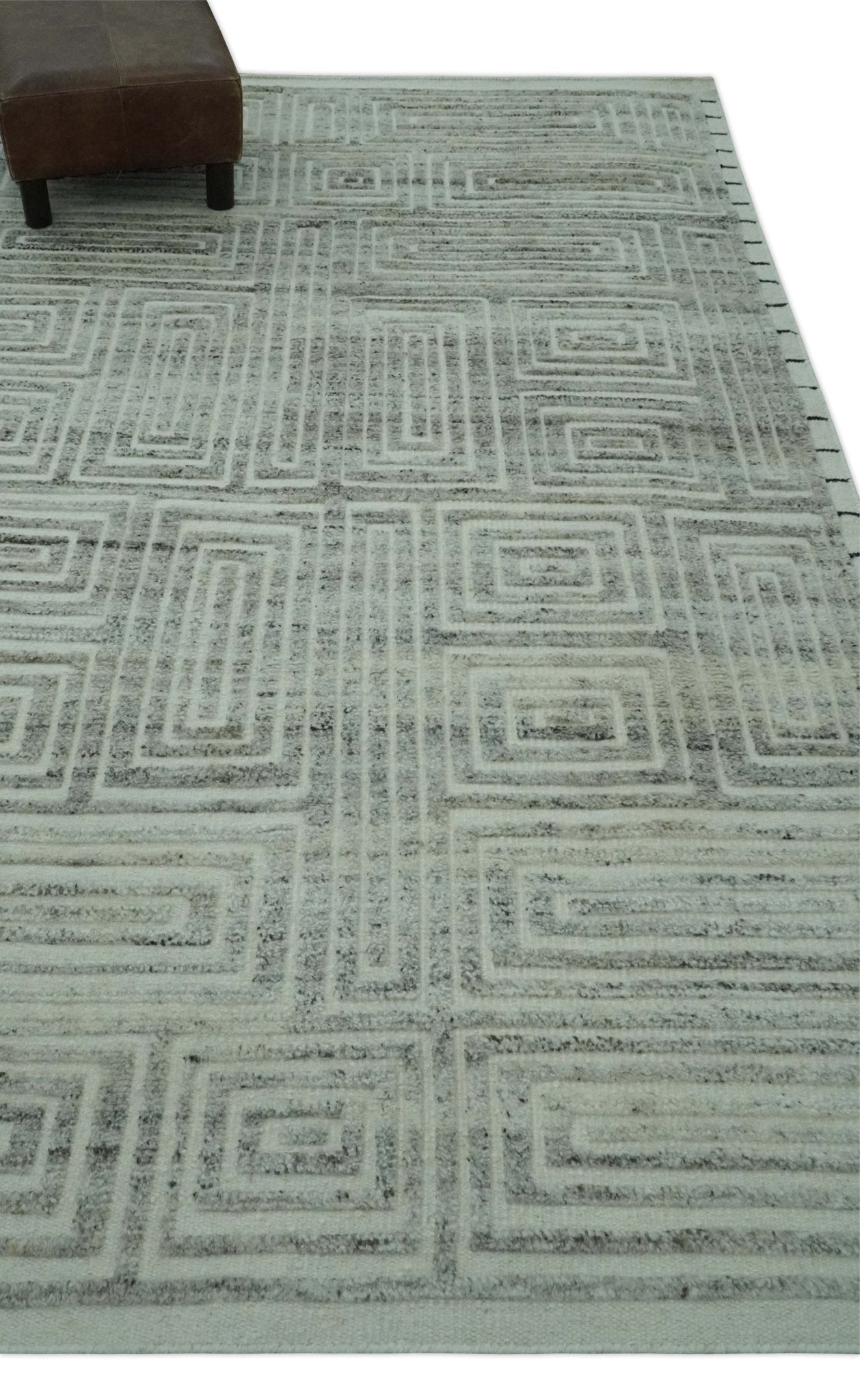 Ivory, Silver and Charcoal Modern Geometrical Puzzle Design hand knotted Custom Made wool Area Rug - The Rug Decor