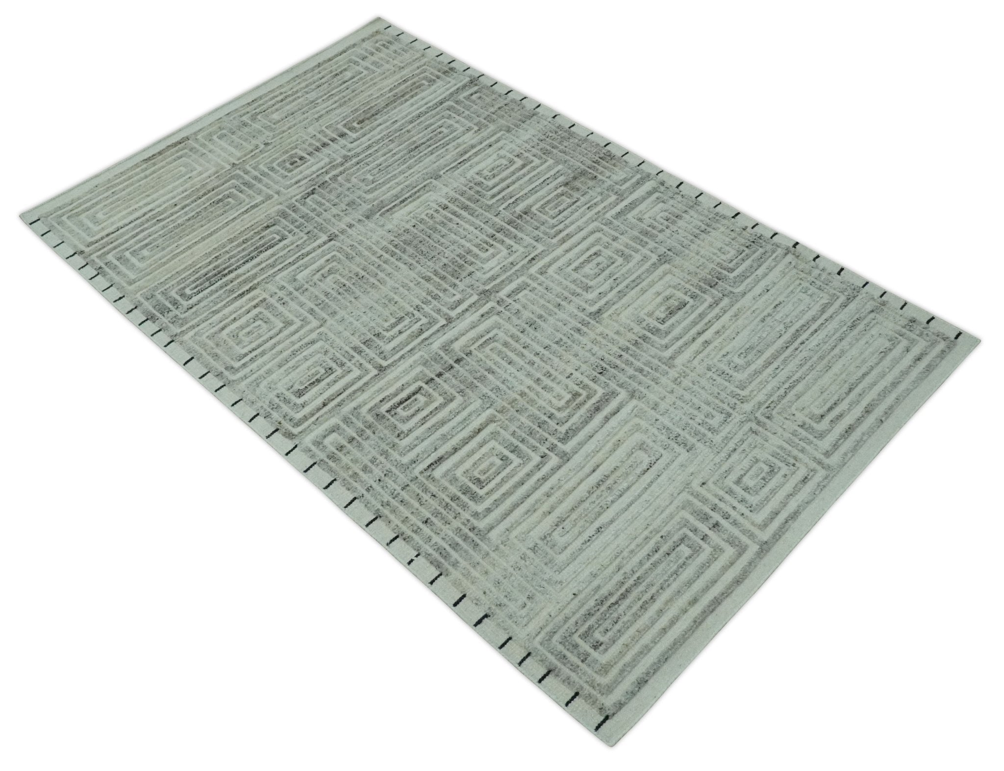 Ivory, Silver and Charcoal Modern Geometrical Puzzle Design hand knotted Custom Made wool Area Rug - The Rug Decor