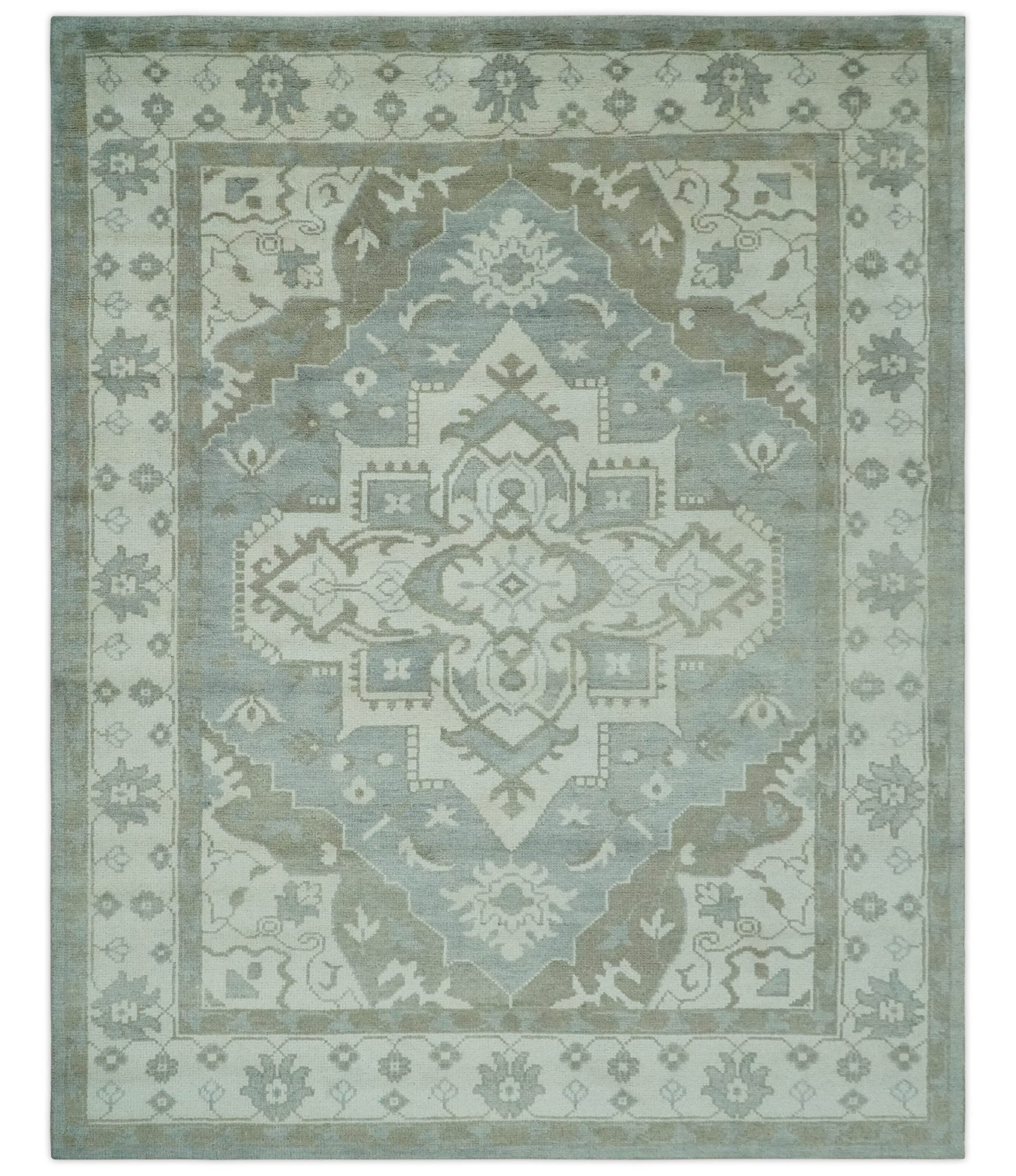 Ivory, Silver and Olive Traditional Heriz Medallion Hand Knotted Multi Size wool Area Rug