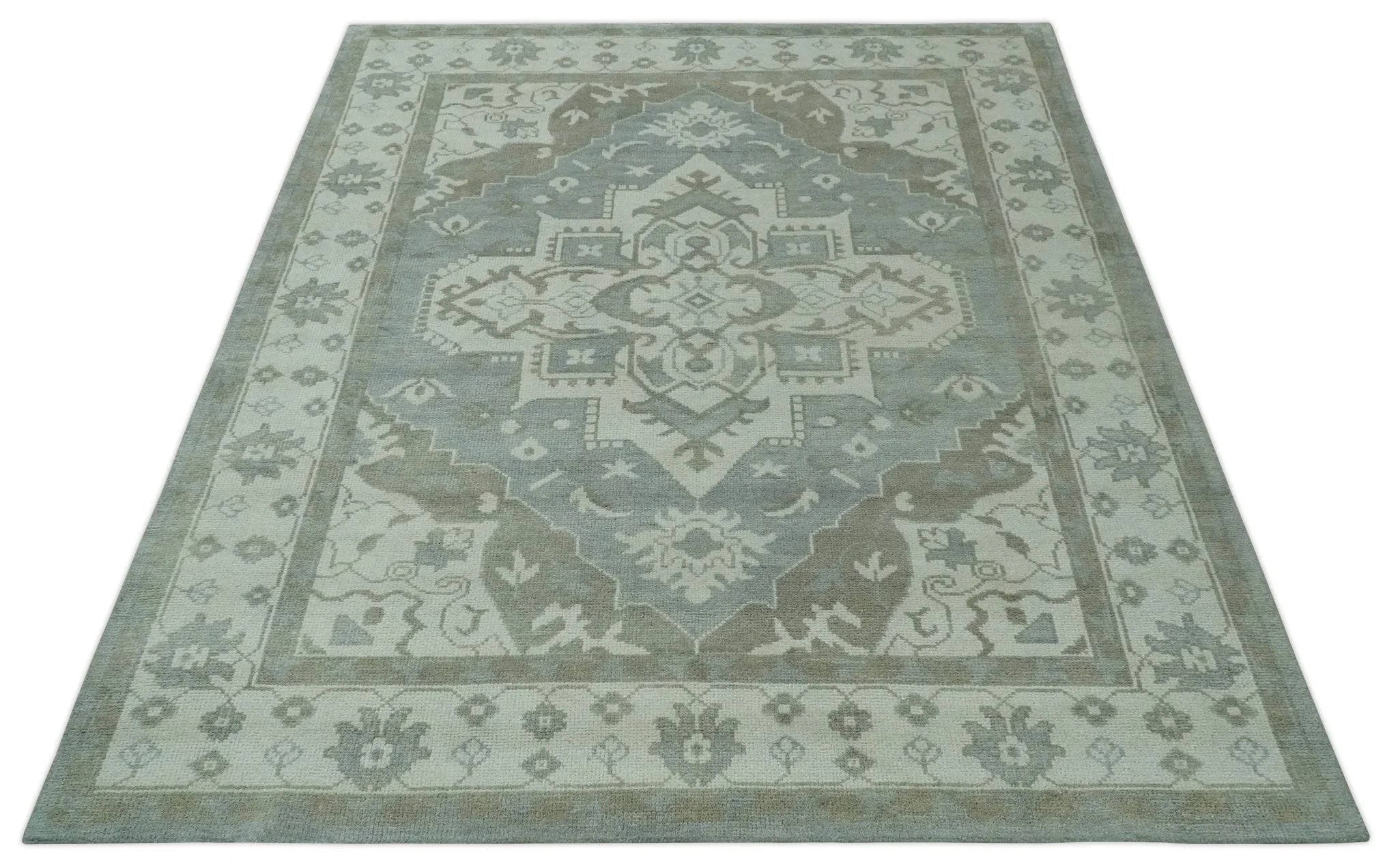 Ivory, Silver and Olive Traditional Heriz Medallion Hand Knotted Multi Size wool Area Rug - The Mayfair Hall