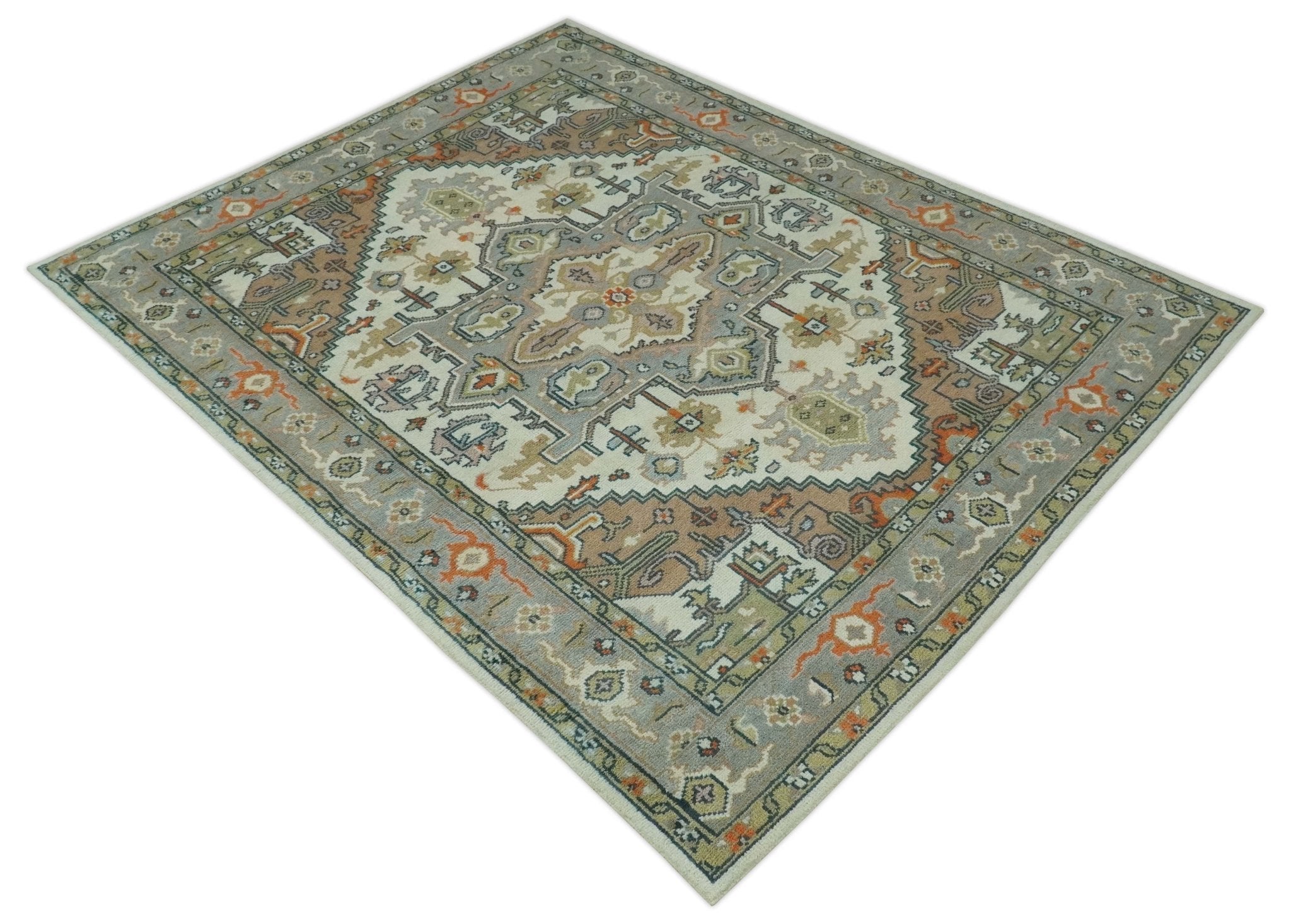 Ivory, Silver, Peach and Olive Traditional Heriz Hand Knotted Multi Size wool Area Rug