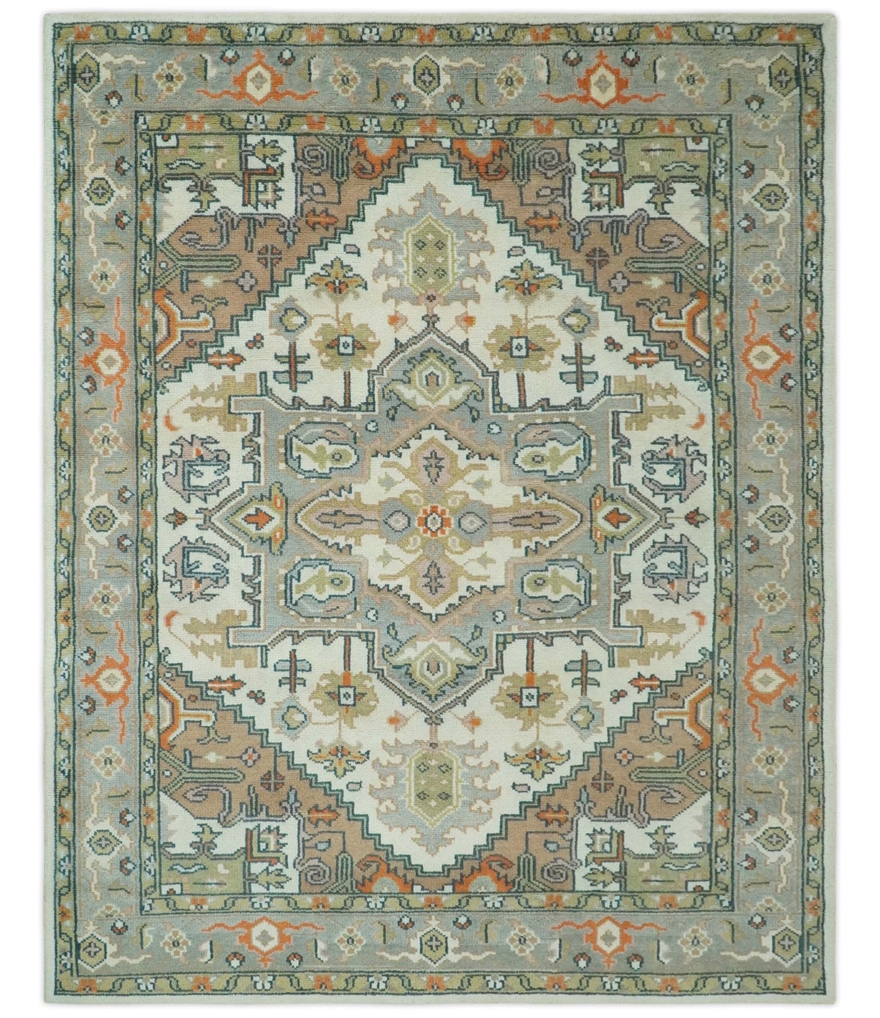 Ivory, Silver, Peach and Olive Traditional Heriz Hand Knotted Multi Size wool Area Rug