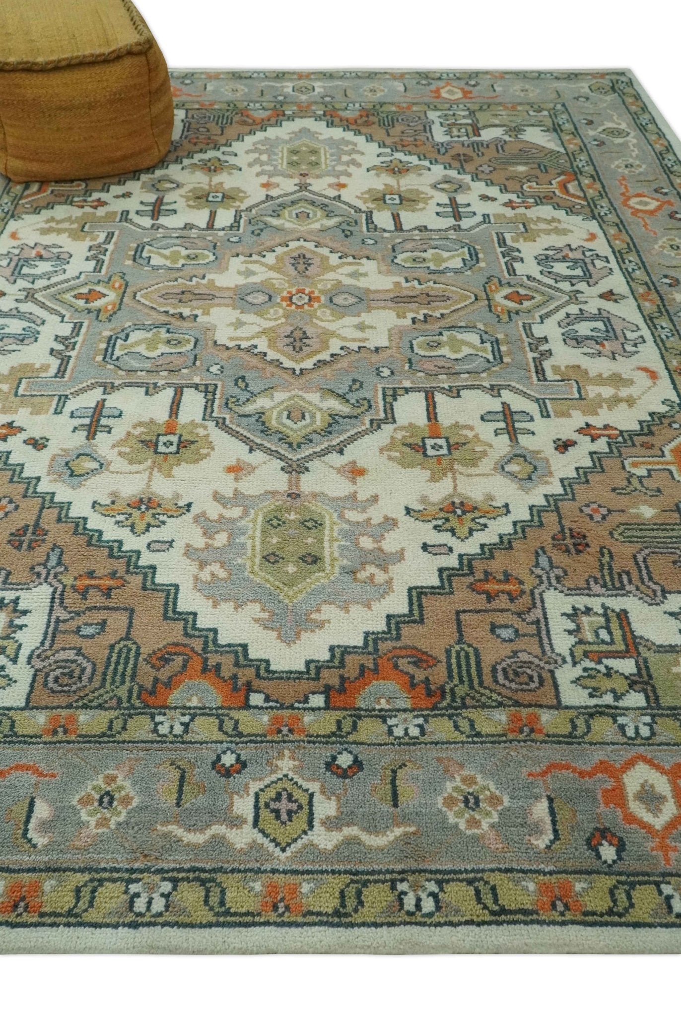Ivory, Silver, Peach and Olive Traditional Heriz Hand Knotted Multi Size wool Area Rug - The Rug Decor