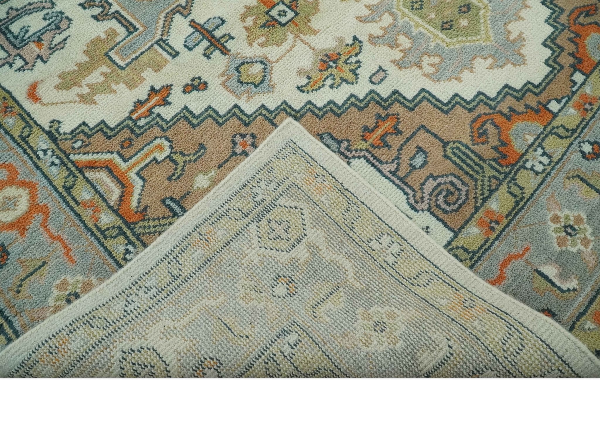 Ivory, Silver, Peach and Olive Traditional Heriz Hand Knotted Multi Size wool Area Rug - The Rug Decor