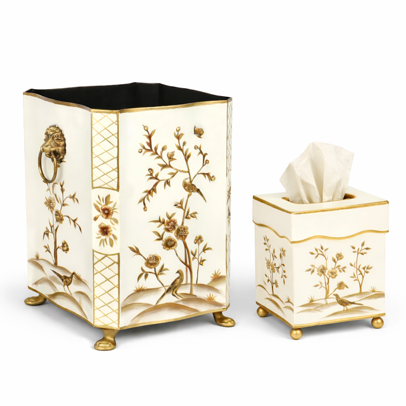 Ivory & Gold Scalloped Footed Wastepaper Basket & Tissue (3 Options)