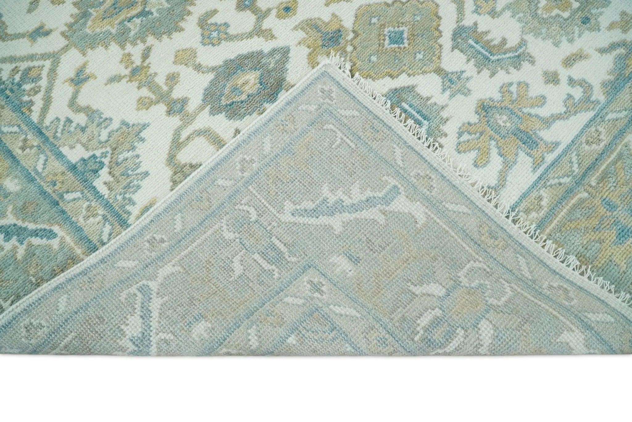 Hand Knotted Oriental Oushak Teal, Ivory and Beige Custom Made Wool Area Rug