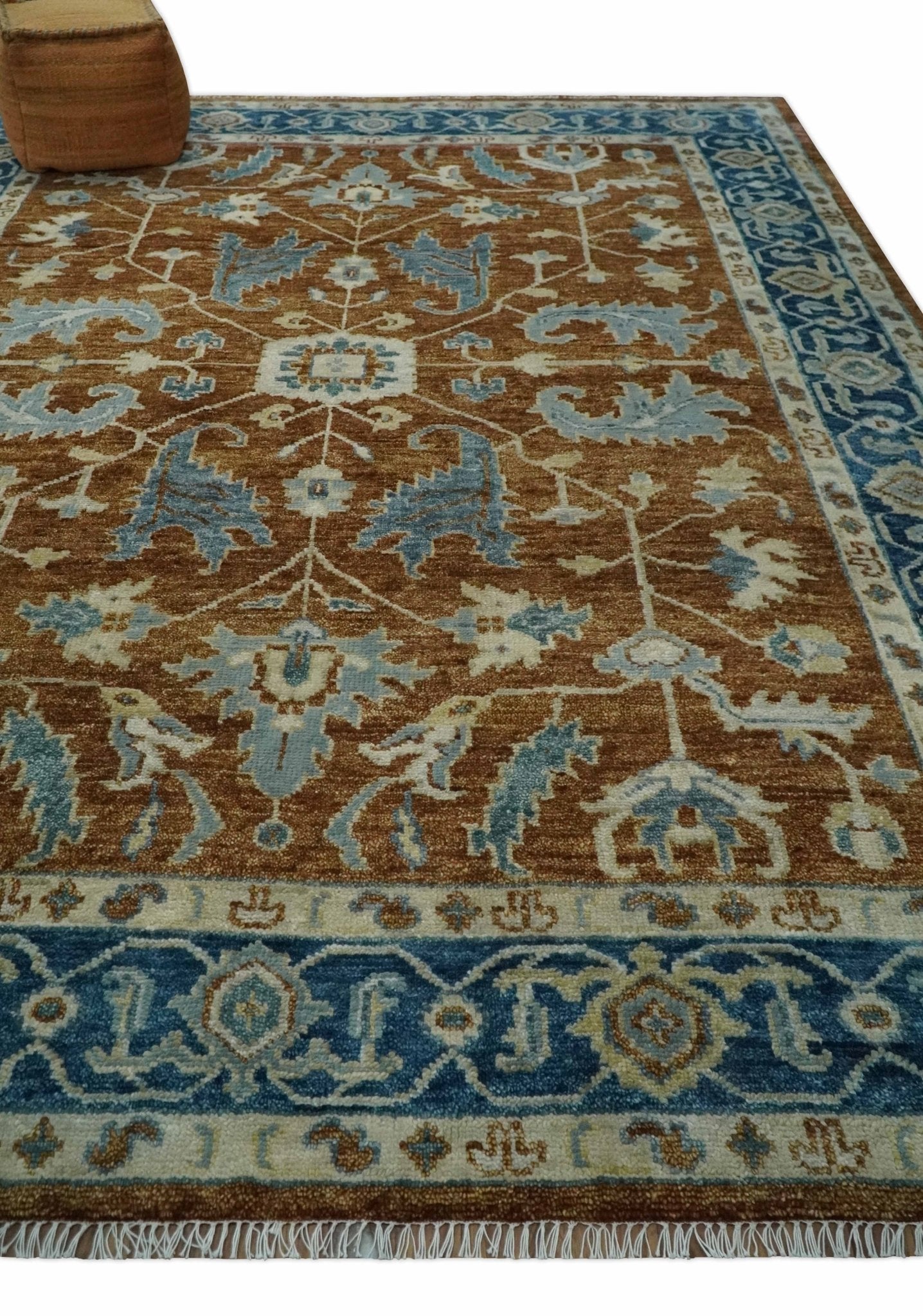 Large Rust and Blue 9x12 Hand Knotted Traditional Wool Turkish Design Area Rug