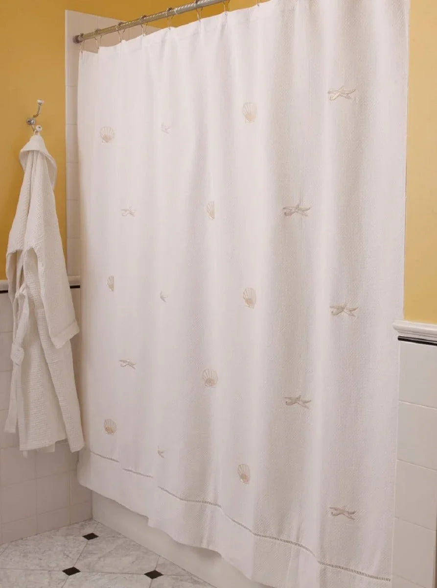 Shower Curtain, Pure Cotton Diamond Pique - Scallops & Starfish (Beige) - The Mayfair Hall