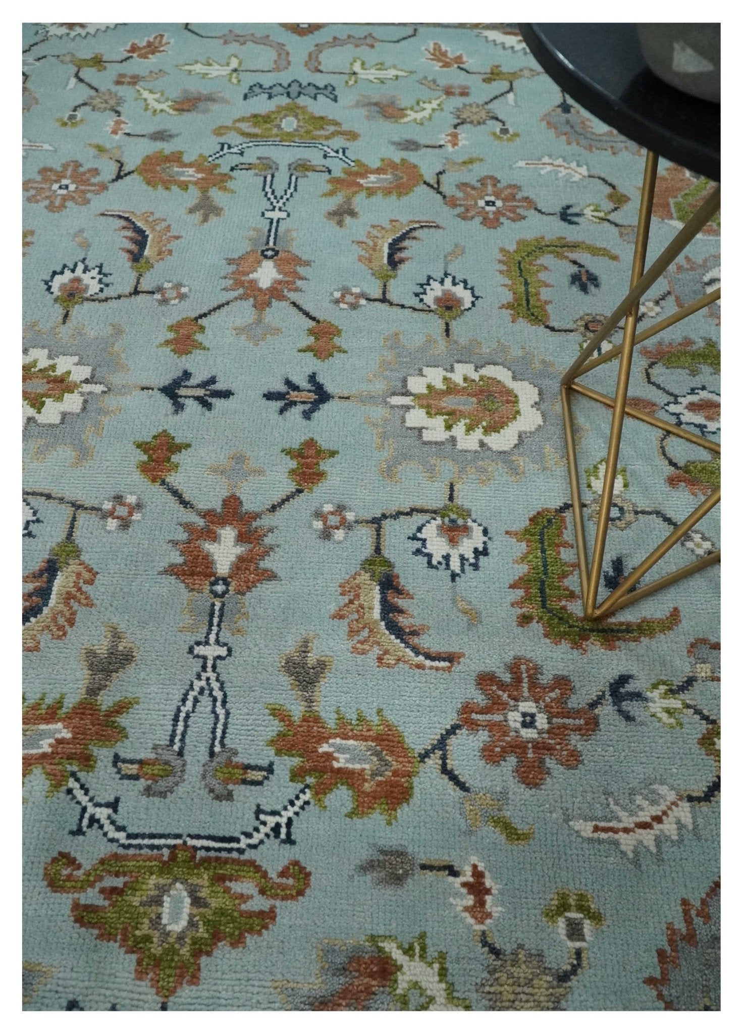 Light Blue and Camel 8x10 Hand Knotted Traditional Floral Oushak Rug