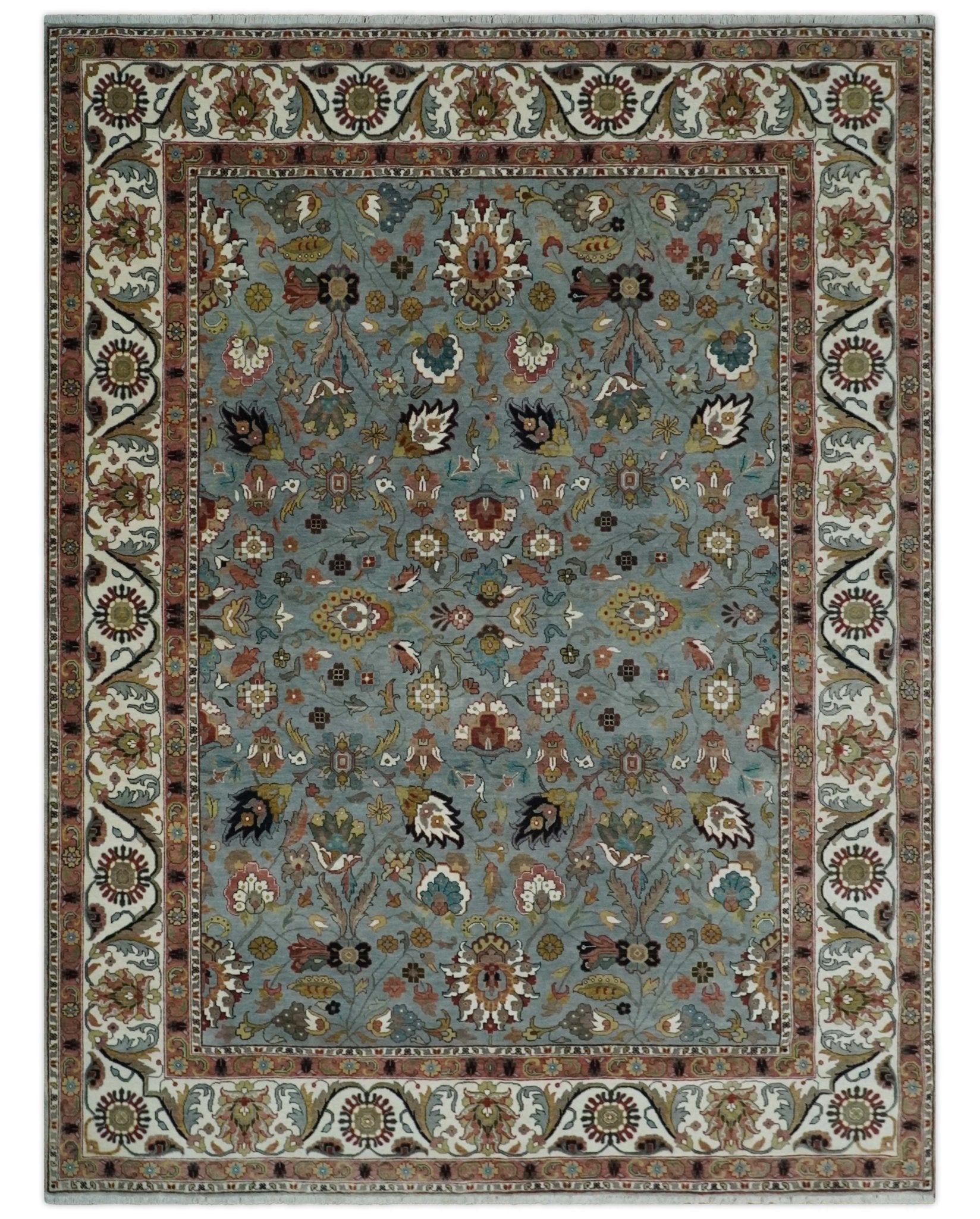 Light Blue, Ivory and Peach Turkish Design Traditional Floral 8x10 and 9x12 Hand Knotted Wool Area Rug