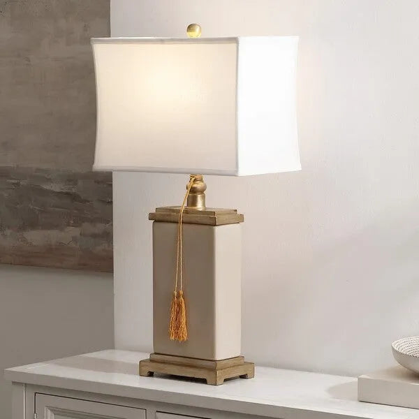 Amiliana Glazed Ceramic Table Lamp in Cream with Tassel