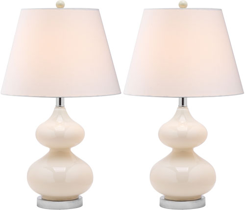 Eva Double Gourd Glass Table Lamp in Pearl with Off White Cotton Shade (Set of 2)