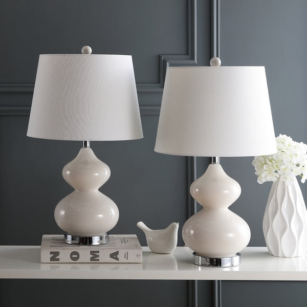 Eva Double Gourd Glass Table Lamp in Pearl with Off White Cotton Shade (Set of 2)