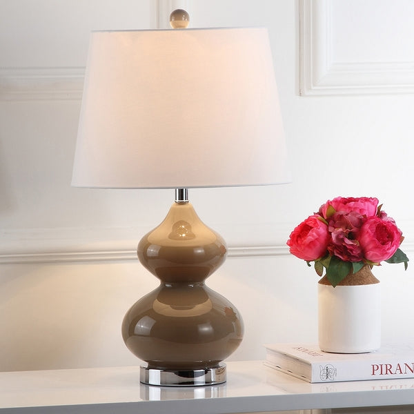 Eva Glass Double Gourd Table Lamp in Taupe with Off White Cotton Shade (Set of 2)