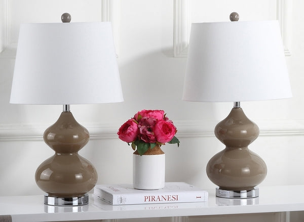 Eva Glass Double Gourd Table Lamp in Taupe with Off White Cotton Shade (Set of 2)