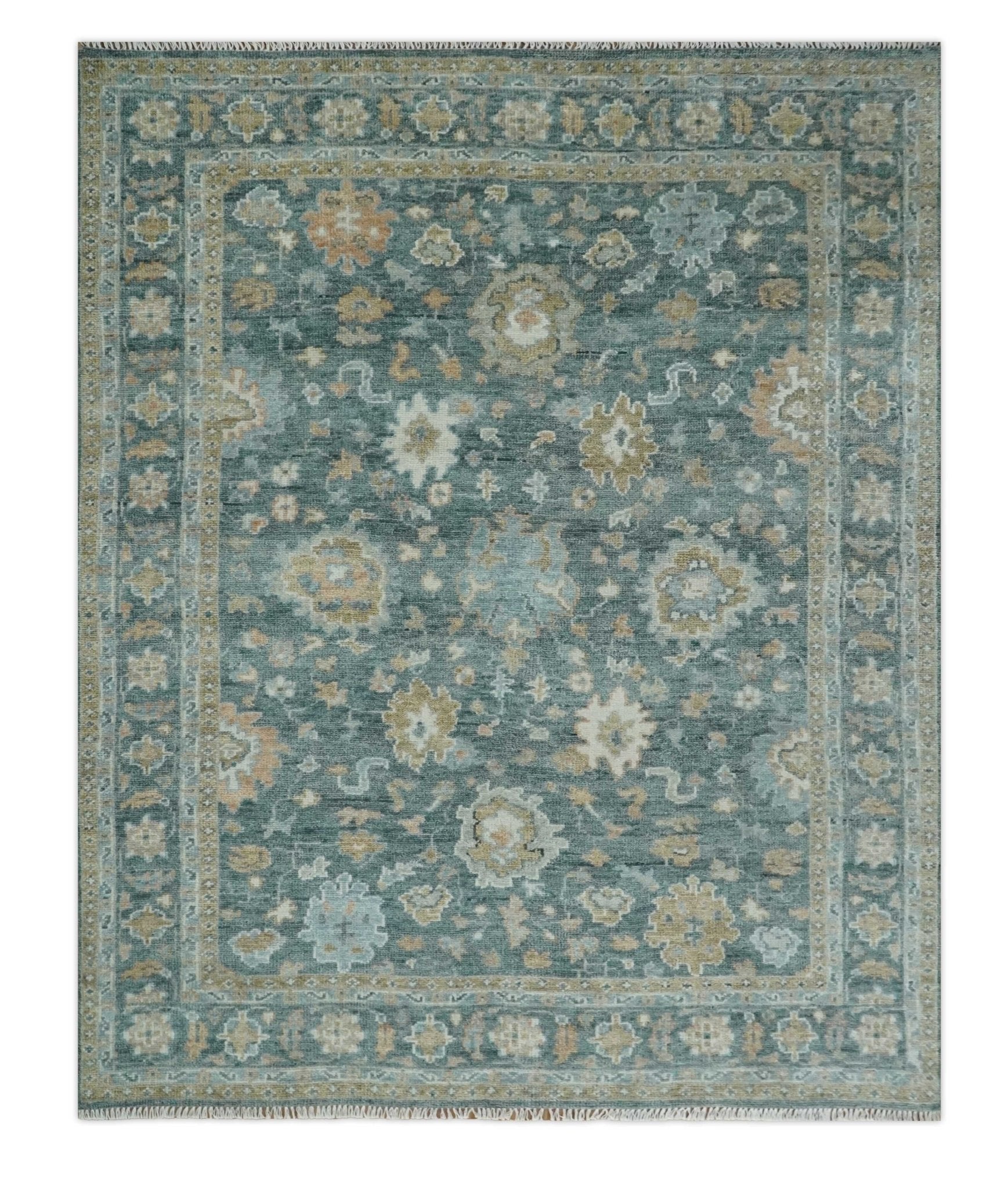 Made to Order Teal, Olive and Silver Antique Style Hand knotted Oushak wool Area Rug