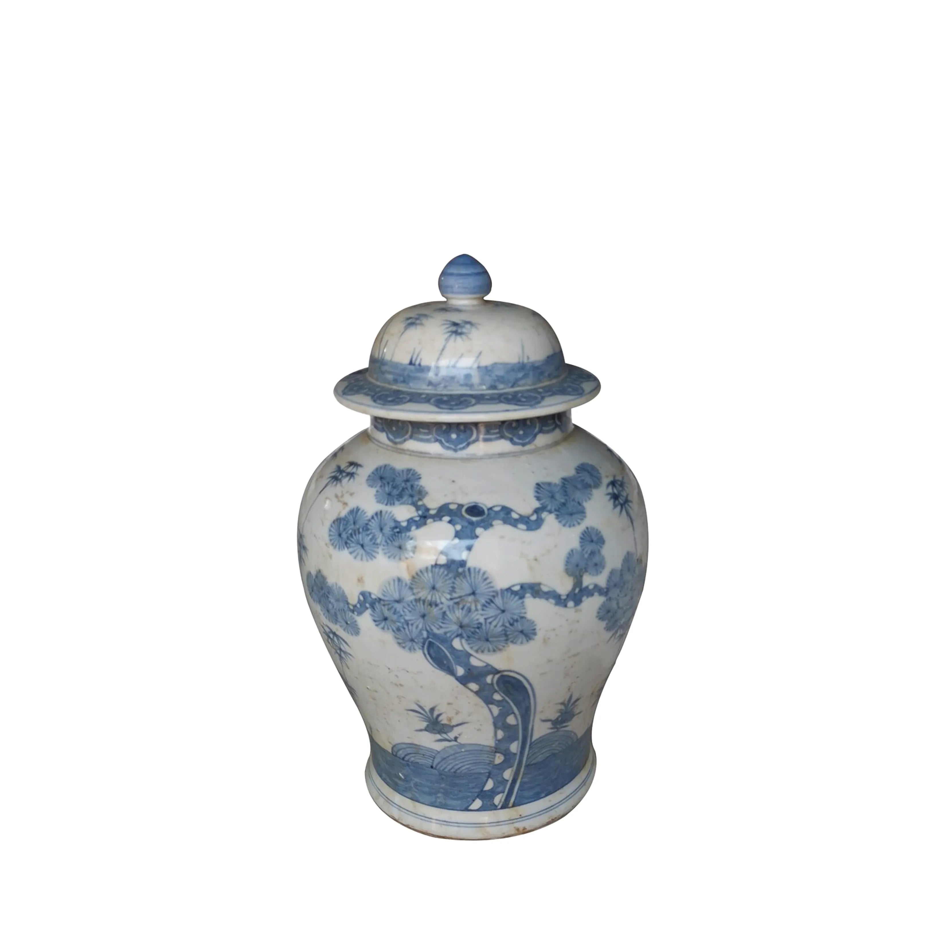 Blue And White Ming Pine Tree Temple Jar - The Mayfair Hall