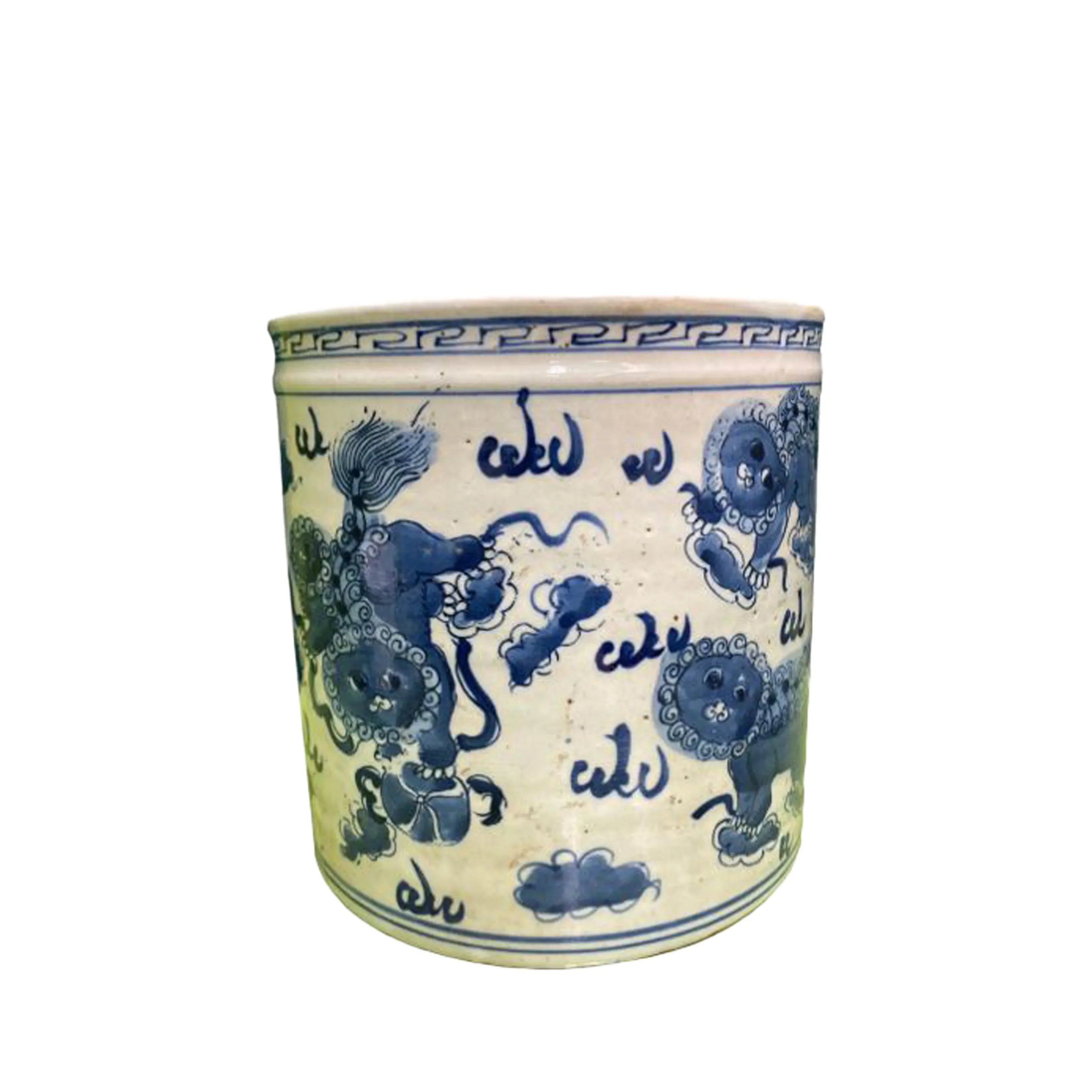 Blue And White Orchid Pot Foo Dog Motif - The Mayfair Hall