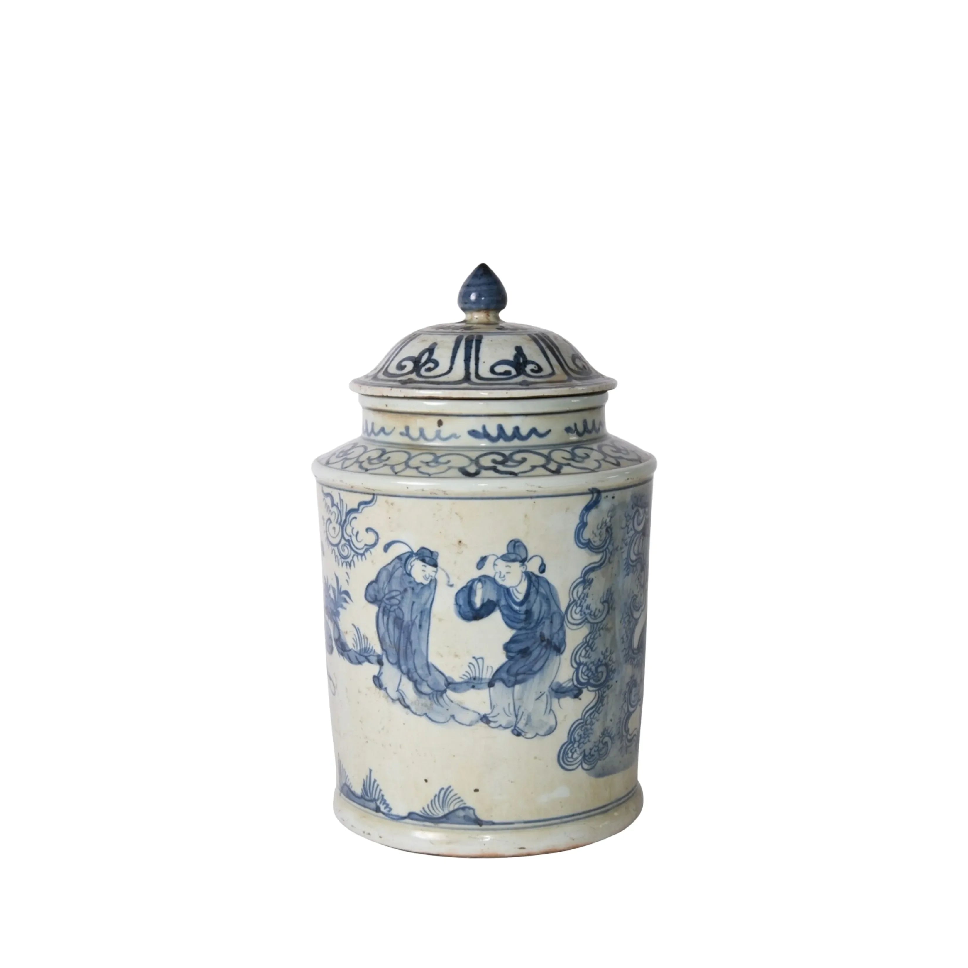 Blue And White Ancient People Lidded Jar - The Mayfair Hall