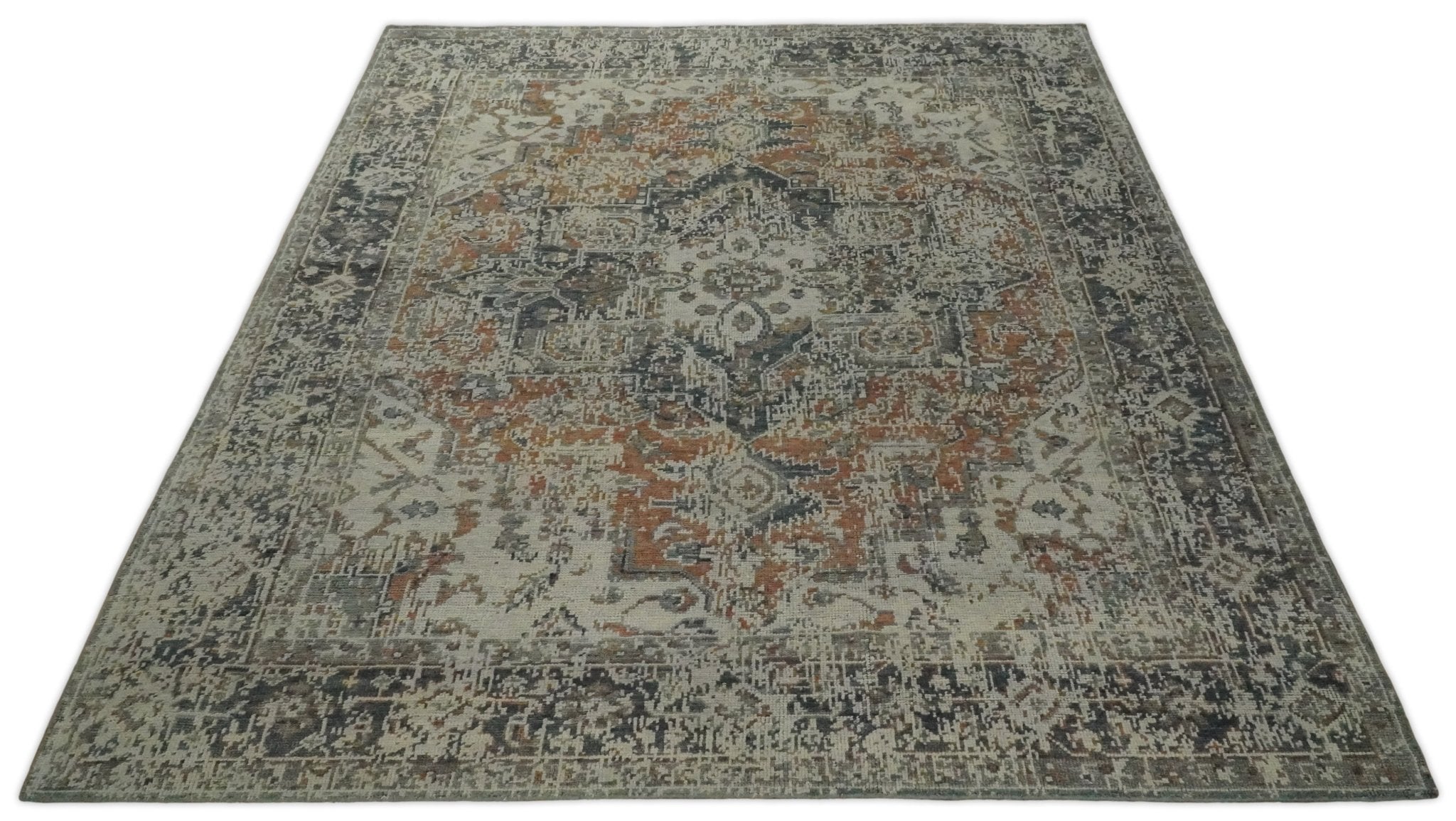 Modern Erased Heriz Hand Knotted 8x10 Rust and Silver Persian Area Rug | TRD2399 - The Rug Decor