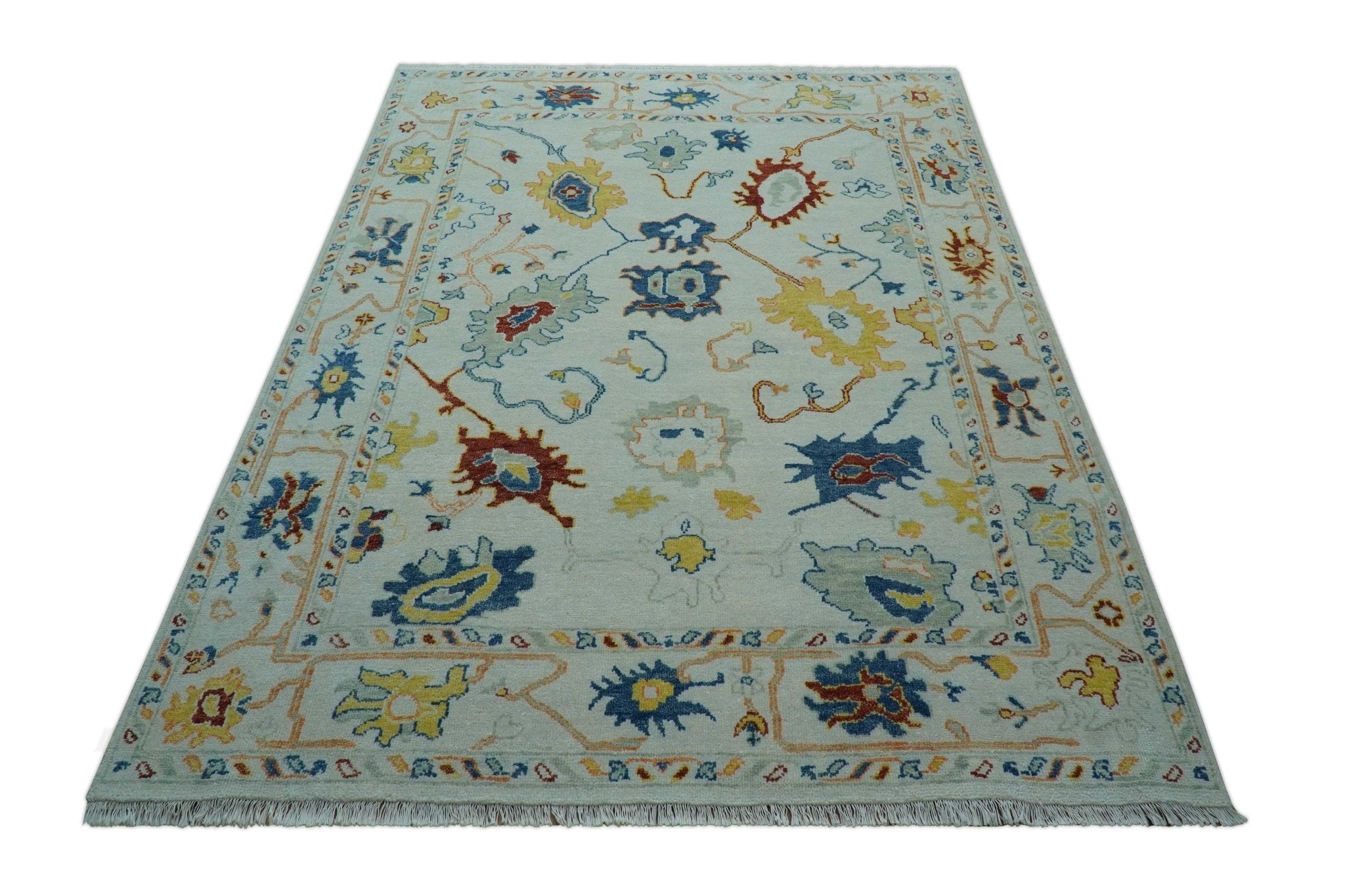Modern Oushak Ivory And Blue Hand Knotted Wool Rug