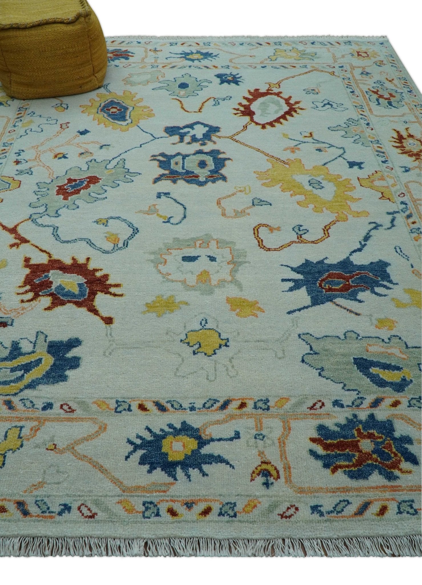 Modern Oushak Ivory And Blue Hand Knotted Wool Rug