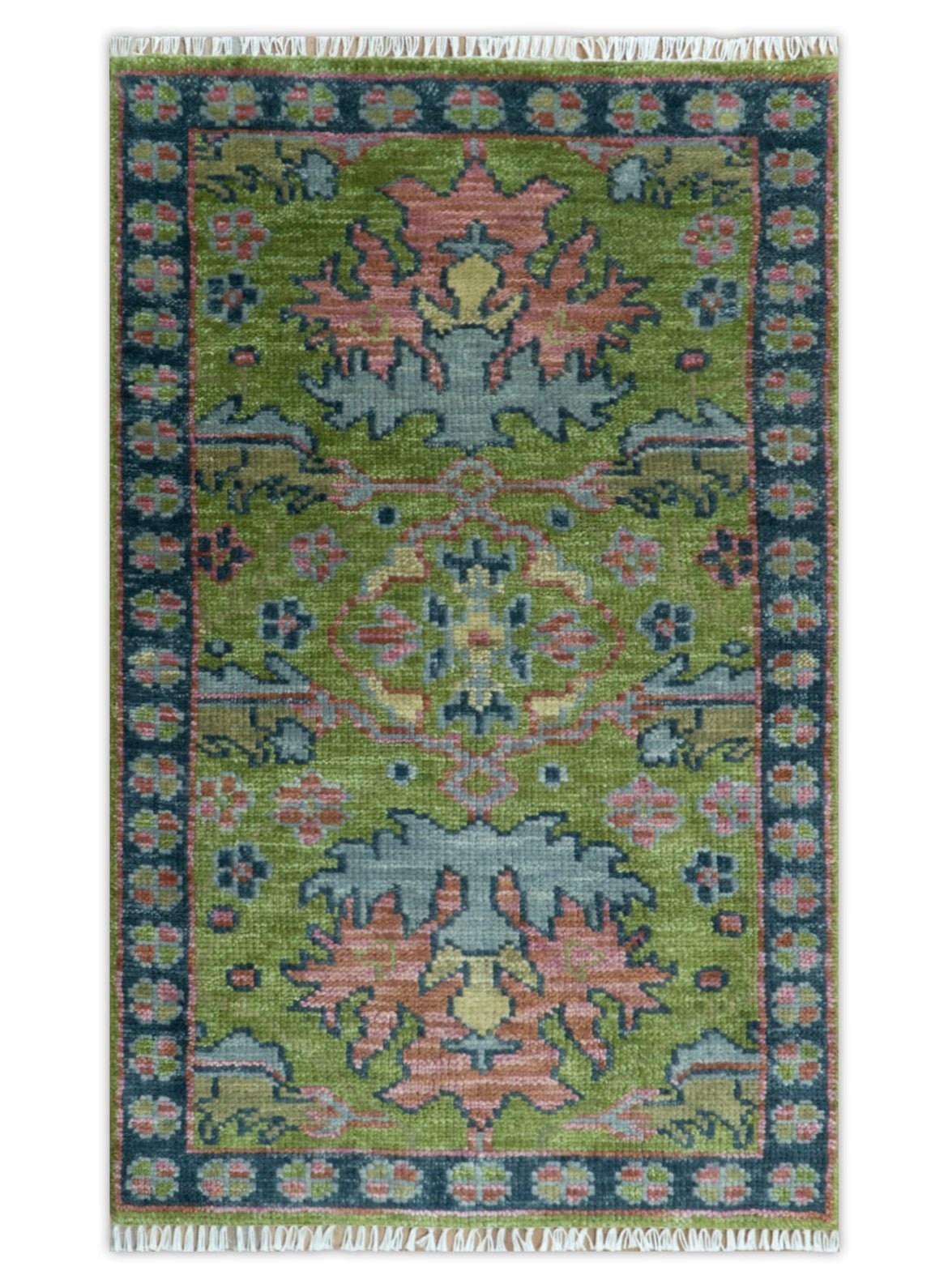Moss Green, Blue and Peach Hand Knotted Vibrant colorful Donegal Design Multi Size Wool Area Rug - The Rug Decor