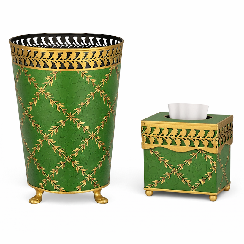 Moss Green & Gold Leaf Wastepaper Basket & Tissue (3 Options)