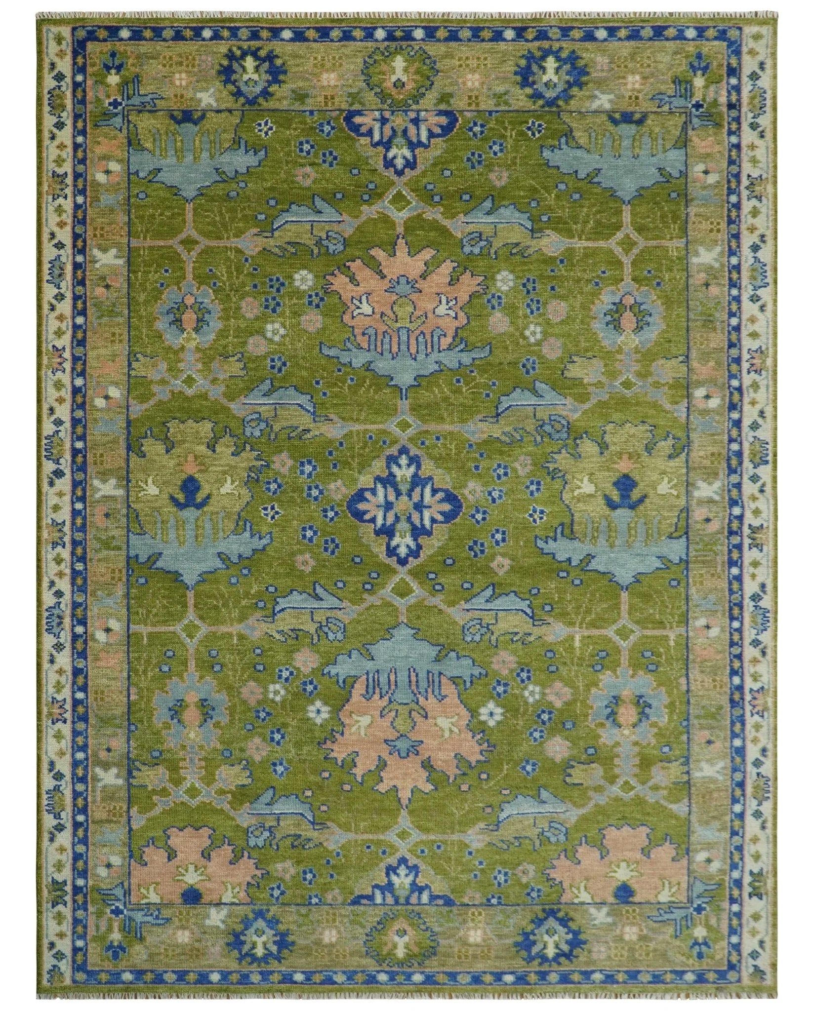 Multi size Moss Green, Blue, and Peach Hand Knotted Vibrant colorful Donegal Wool Rug