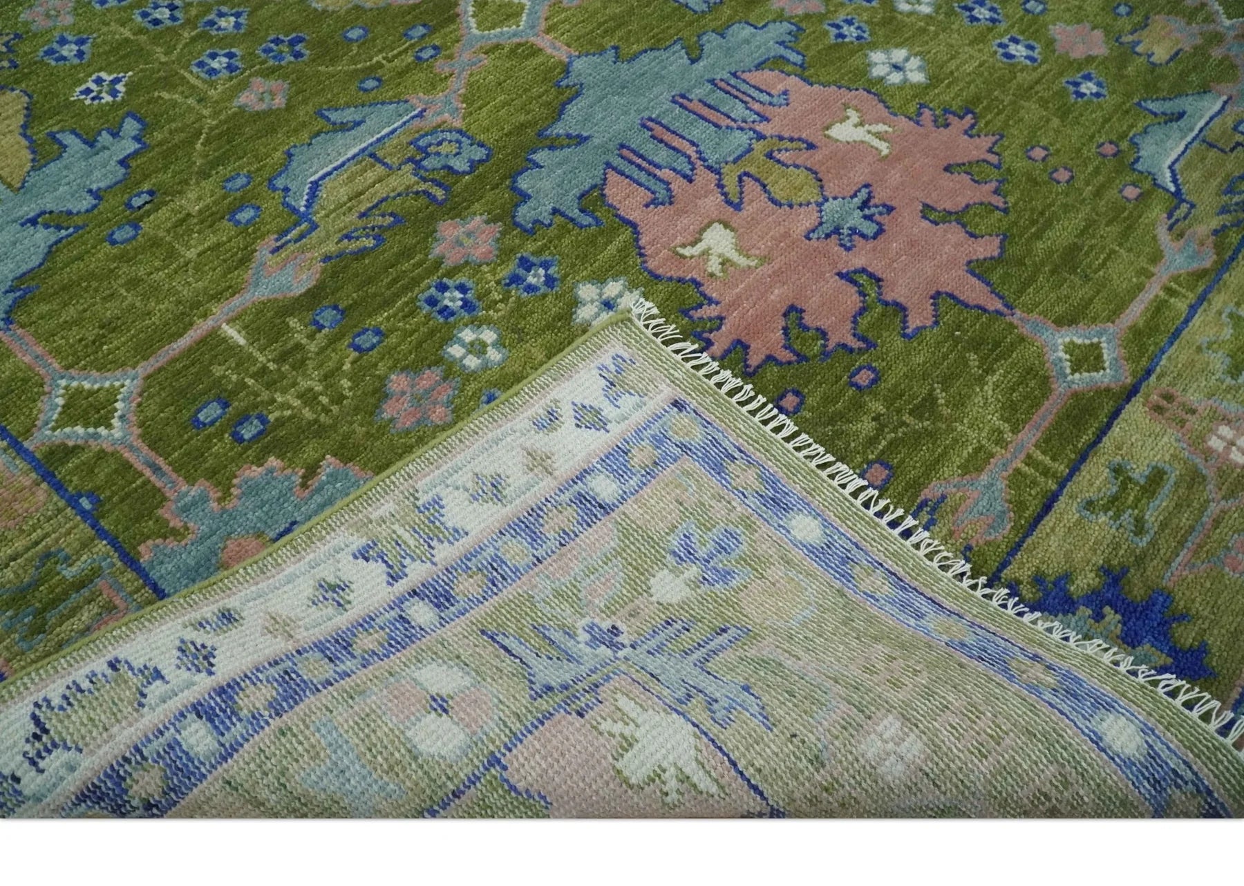 Multi size Moss Green, Blue, and Peach Hand Knotted Vibrant colorful Donegal Wool Rug