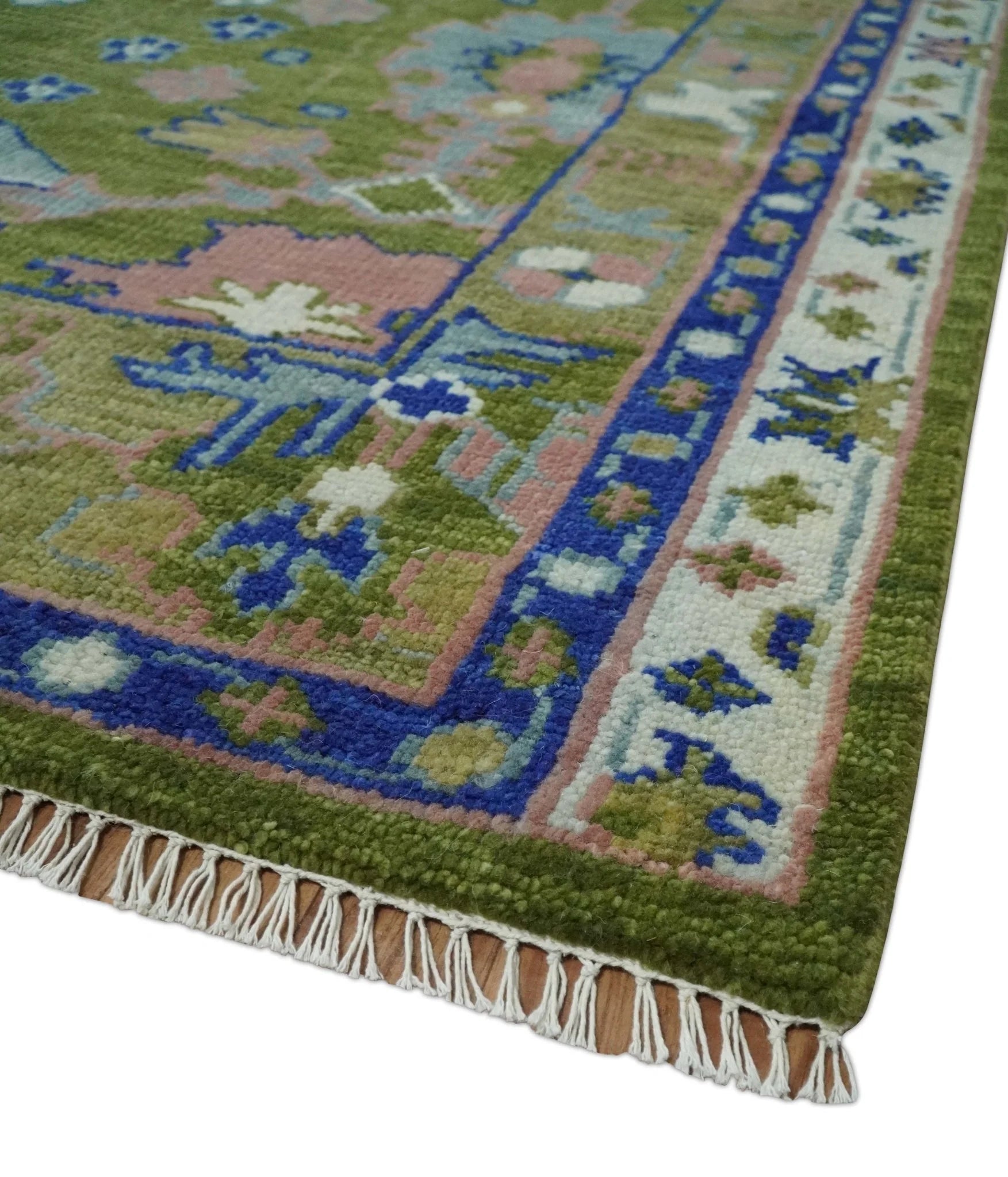 Multi size Moss Green, Blue, and Peach Hand Knotted Vibrant colorful Donegal Wool Rug