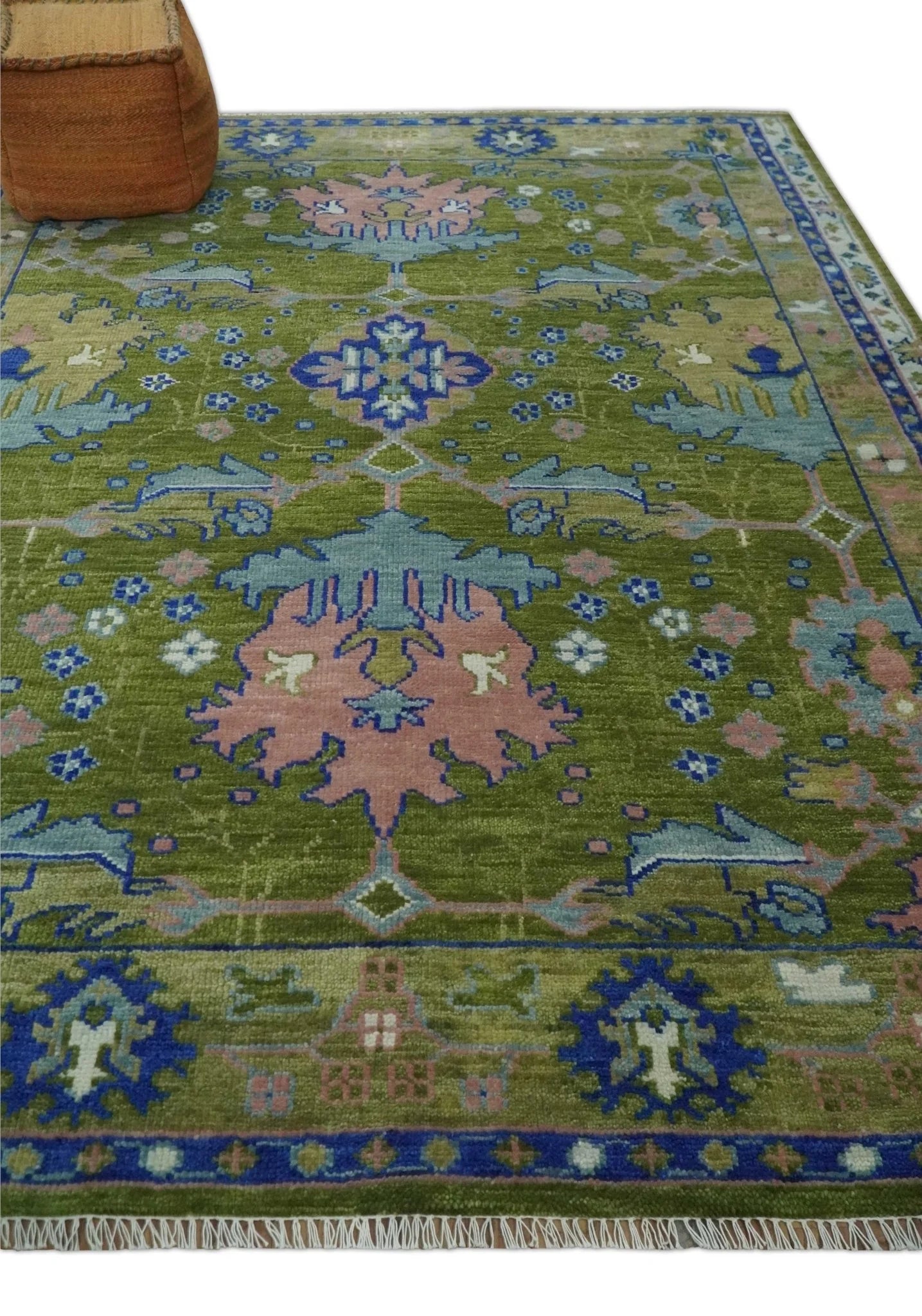 Multi size Moss Green, Blue, and Peach Hand Knotted Vibrant colorful Donegal Wool Rug