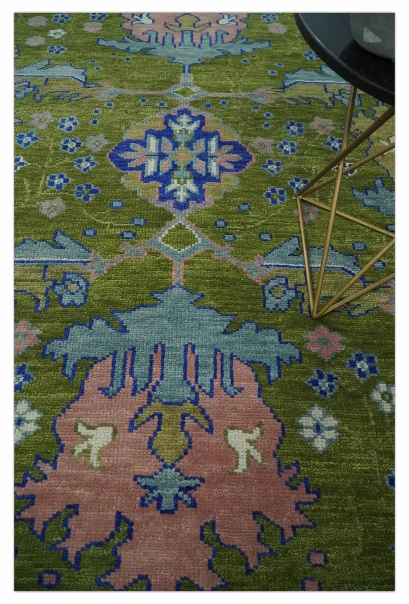 Multi size Moss Green, Blue, and Peach Hand Knotted Vibrant colorful Donegal Wool Rug