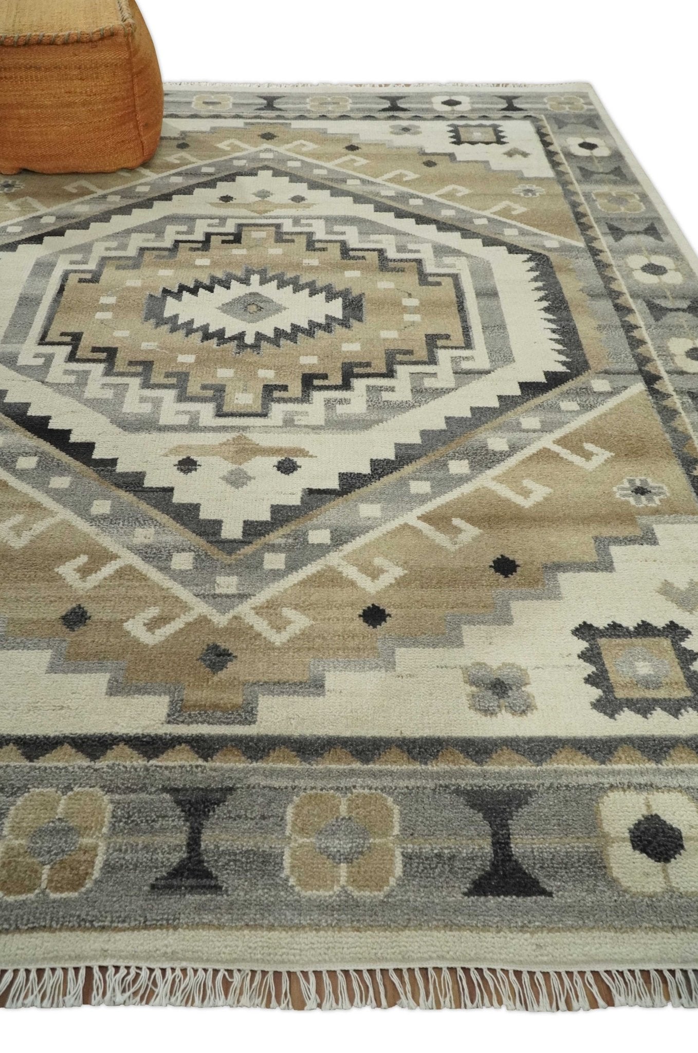 Natural Wool Hand Knotted Ivory, Beige and Charcoal Traditional Area Rug, Kids, Living Room and Bedroom Rug | MEHK2 - The Rug Decor