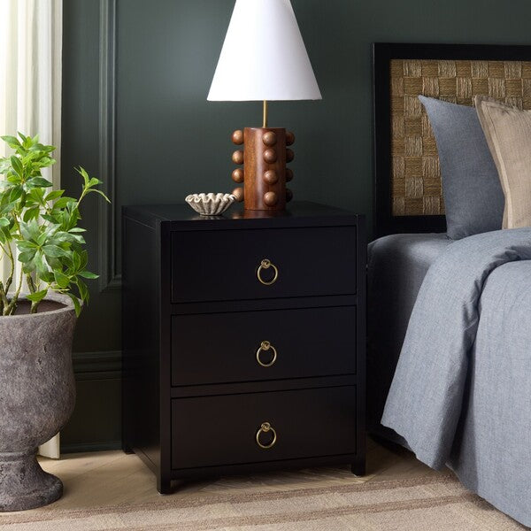Sadie Wood Nightstand with 3 Drawer in Black
