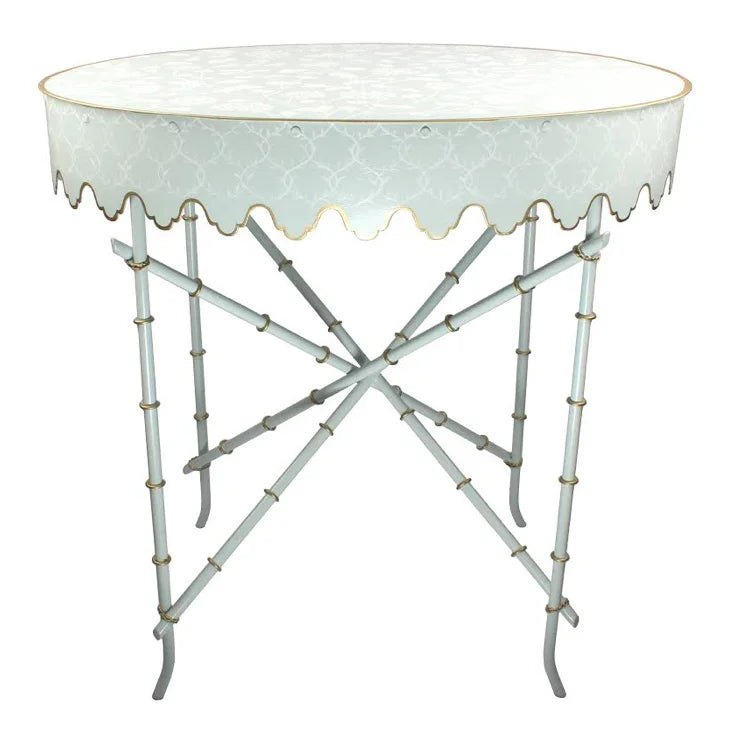Pale Green & White Trellis Oval Scalloped Table - The Mayfair Hall