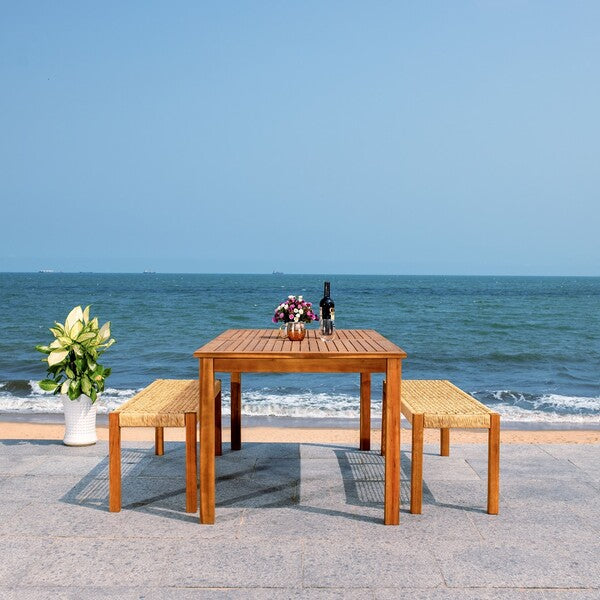 Aquina Outdoor Dining Set in Natural with Light Brown Woven Rattan Benches