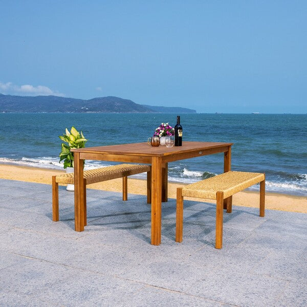 Aquina Outdoor Dining Set in Natural with Light Brown Woven Rattan Benches