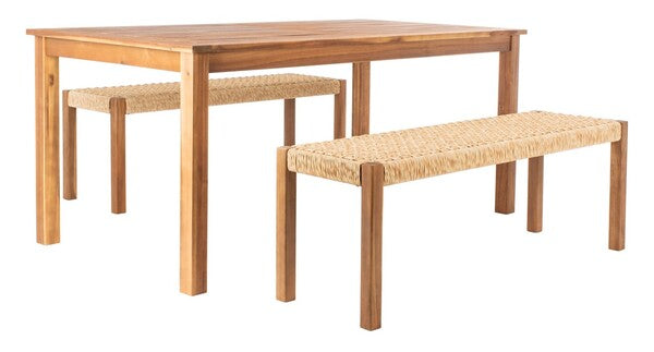 Aquina Outdoor Dining Set in Natural with Light Brown Woven Rattan Benches
