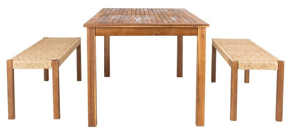 Aquina Outdoor Dining Set in Natural with Light Brown Woven Rattan Benches