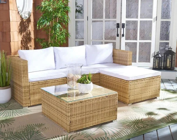 Madalina Wicker Outdoor Sectional Living Set in Natural and White - The Mayfair Hall